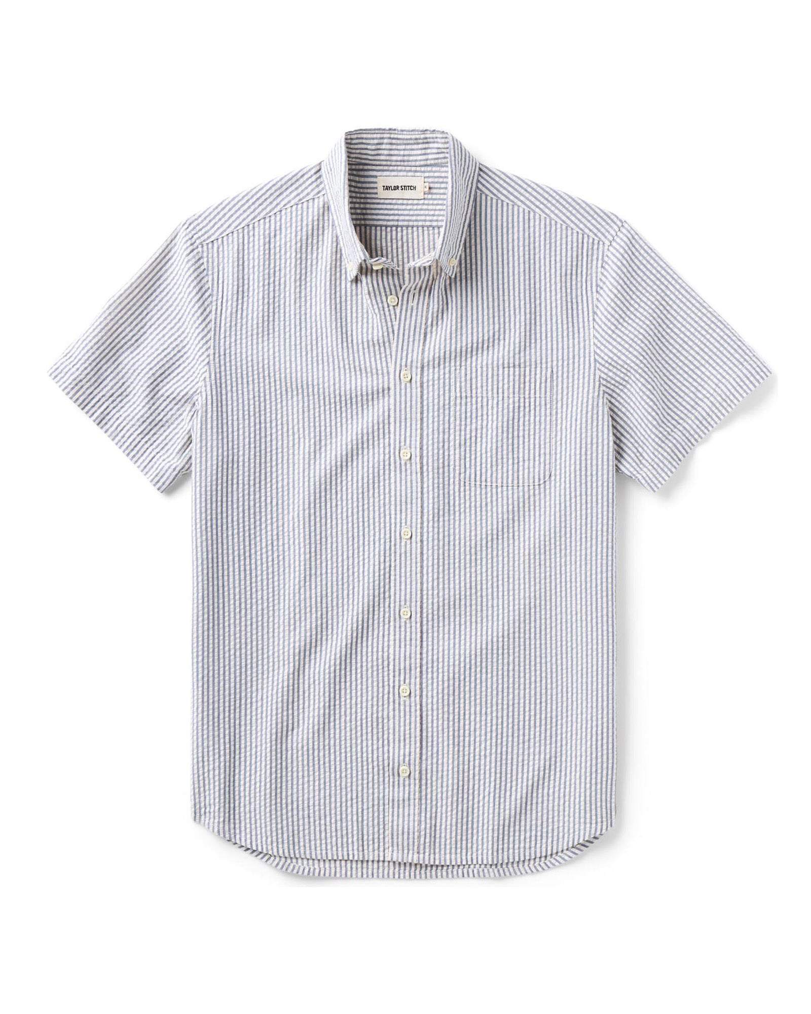 flatlay of The Short Sleeve Jack in Steel Blue Stripe Seersucker, Wovens by Taylor Stitch
