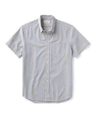 flatlay of The Short Sleeve Jack in Steel Blue Stripe Seersucker