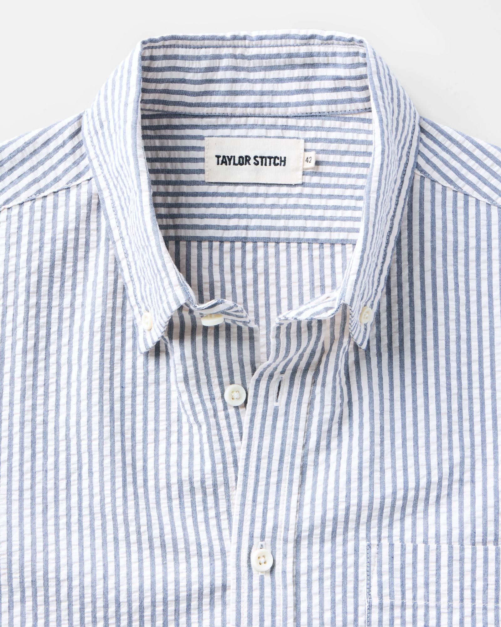 material shot of the collar on The Short Sleeve Jack in Steel Blue Stripe Seersucker, Wovens by Taylor Stitch
