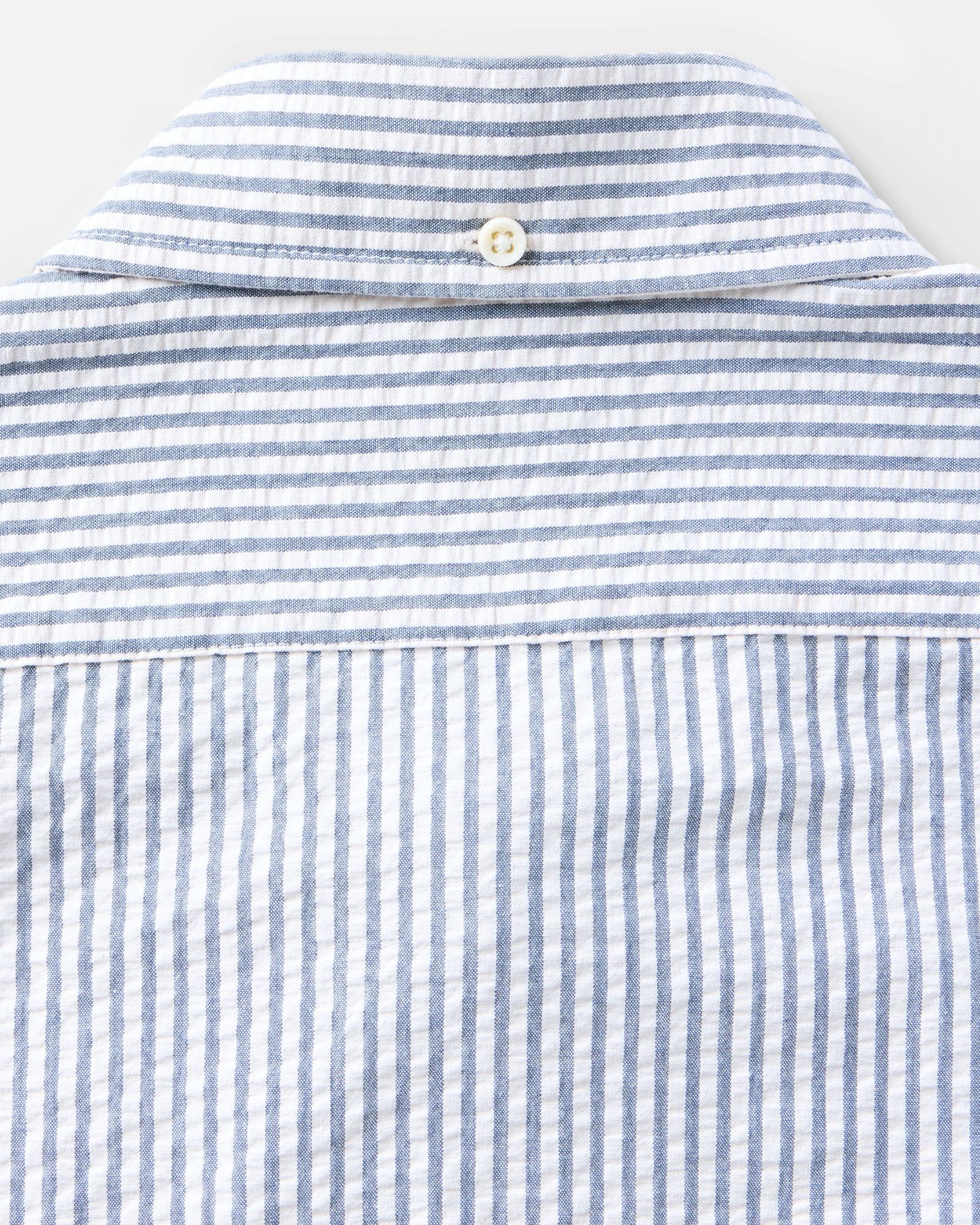 material shot of the back collar on The Short Sleeve Jack in Steel Blue Stripe Seersucker, Wovens by Taylor Stitch