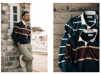 Model wearing The Rugby Shirt in Dark Navy