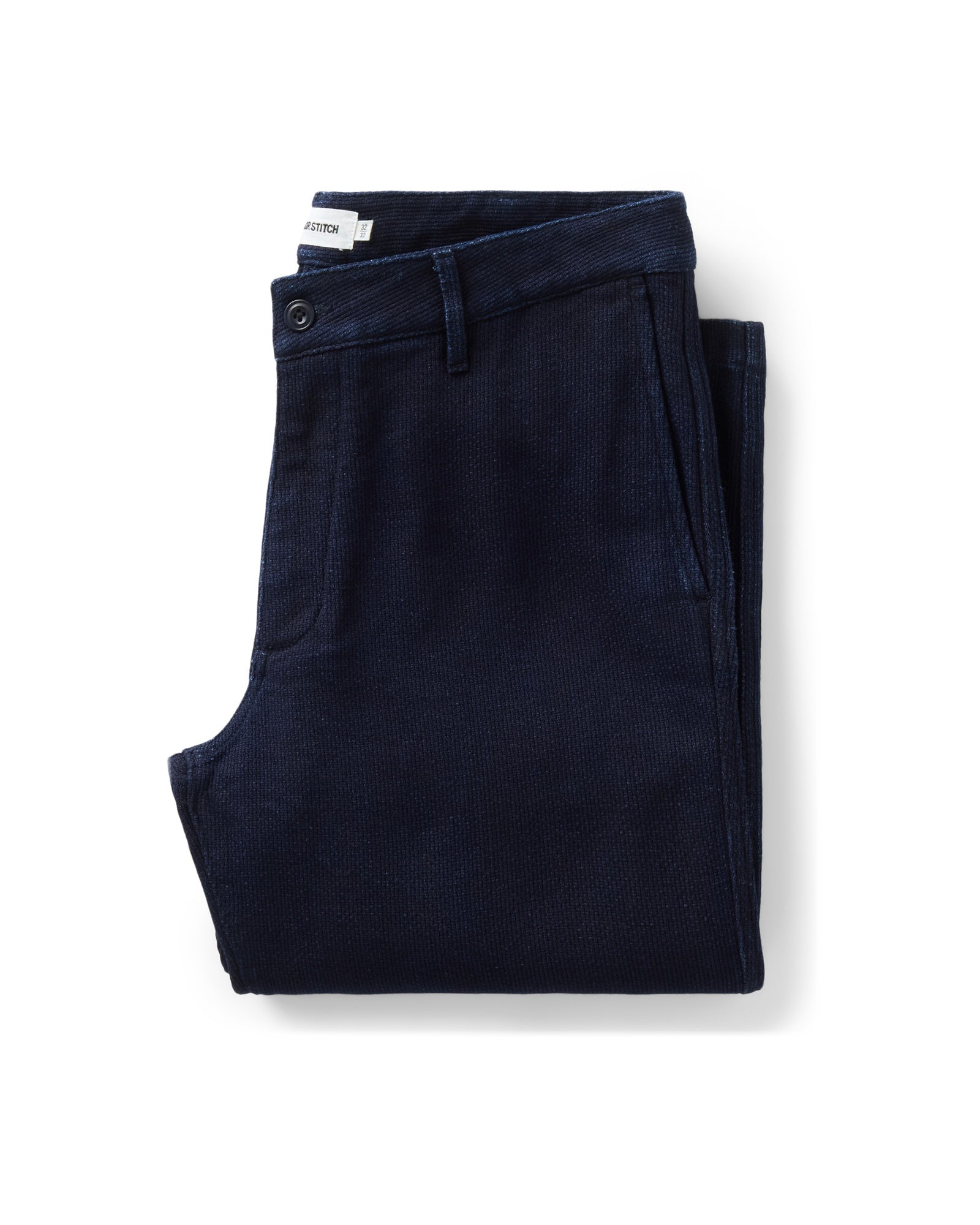 folded flatlay of The Camden Pant in Rinsed Indigo Sashiko, Bottoms by Taylor Stitch