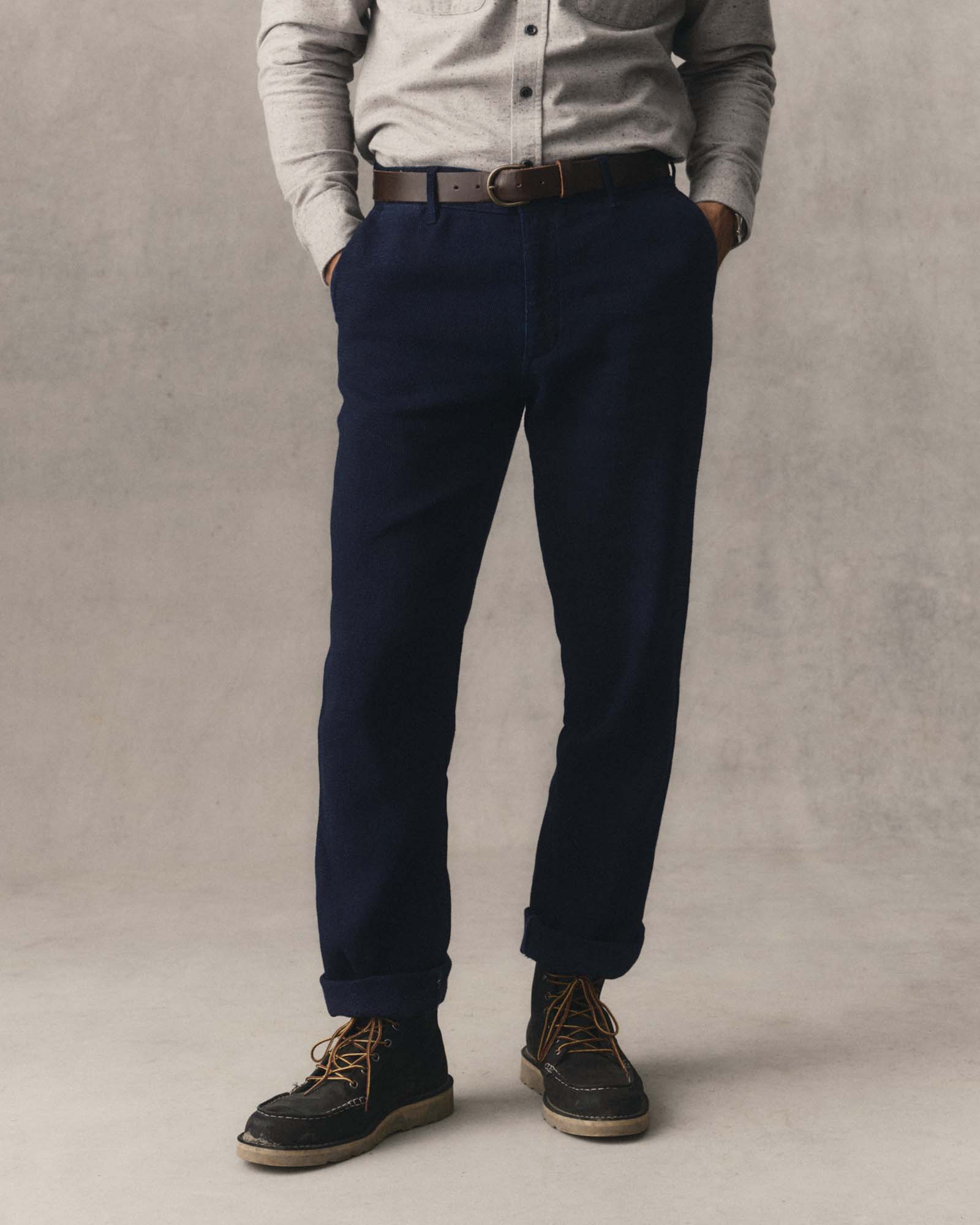 fit model posing in The Camden Pant in Rinsed Indigo Sashiko, Bottoms by Taylor Stitch