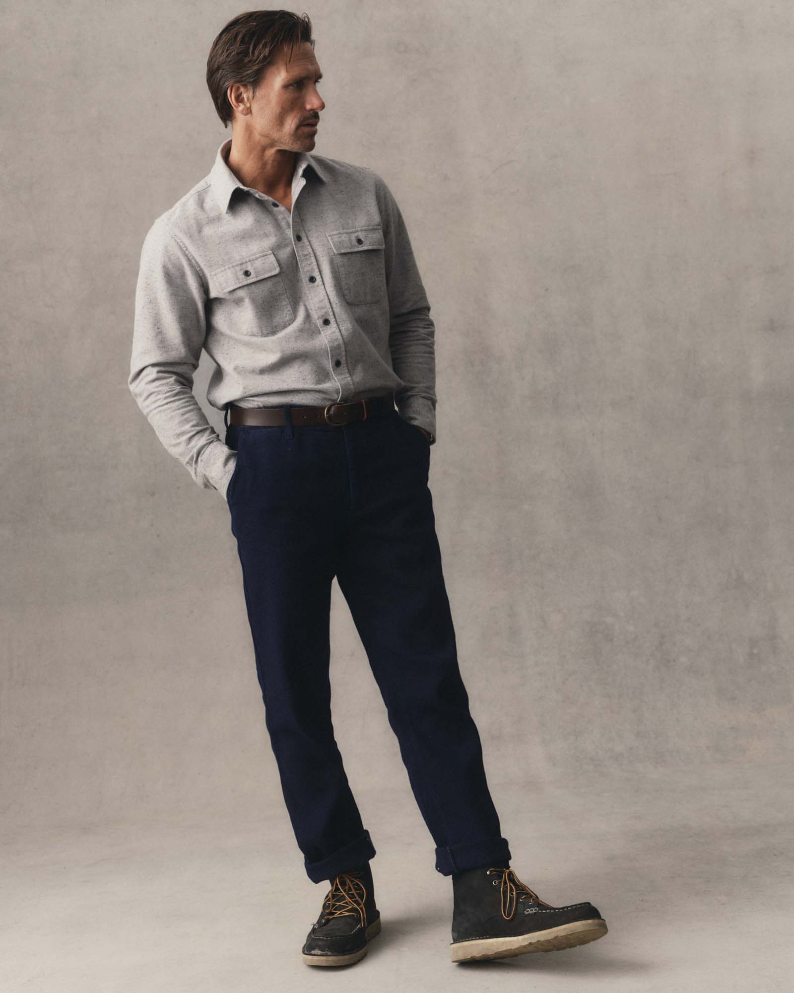 fit model showing off The Camden Pant in Rinsed Indigo Sashiko, Bottoms by Taylor Stitch