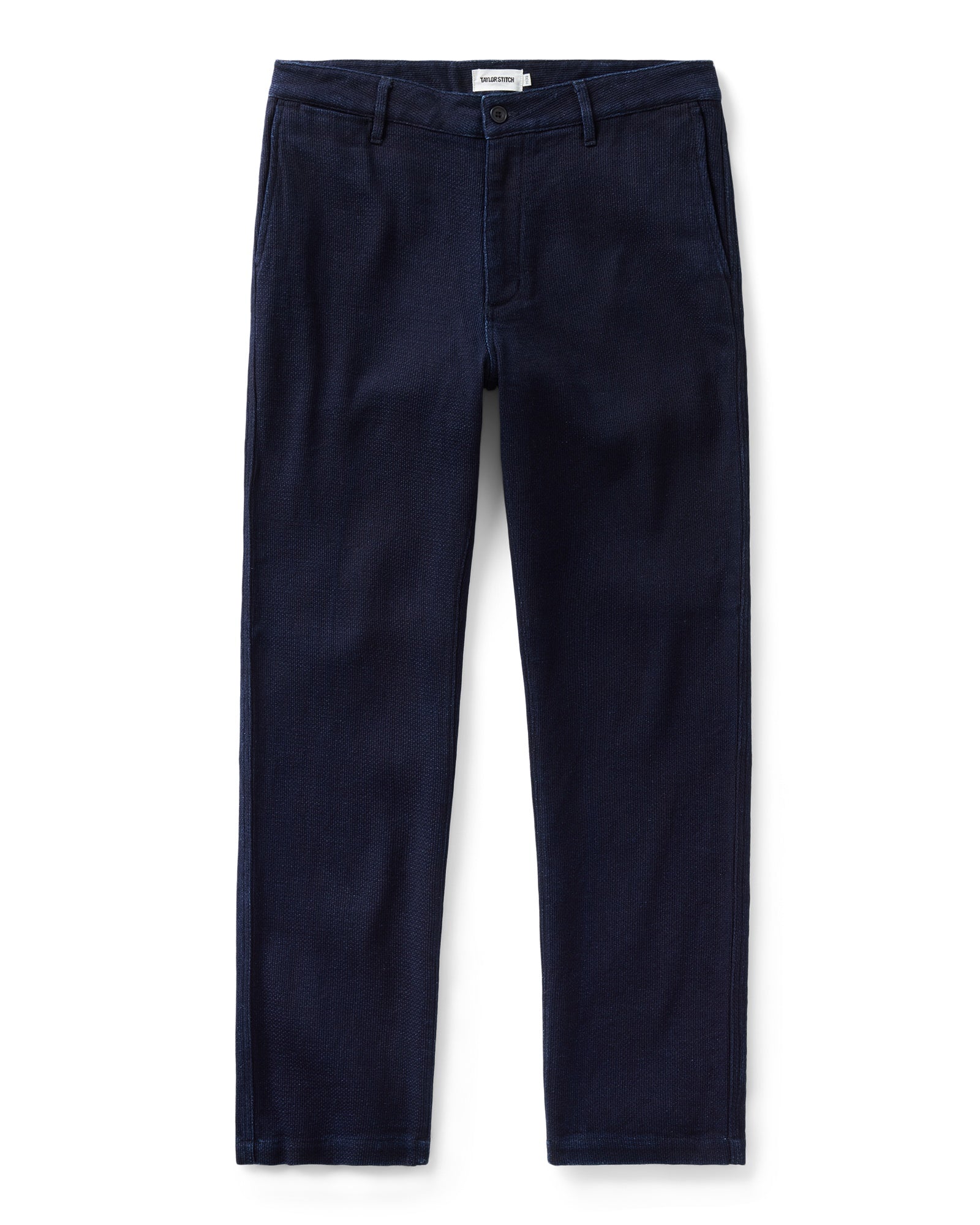 flatlay of The Camden Pant in Rinsed Indigo Sashiko, Bottoms by Taylor Stitch