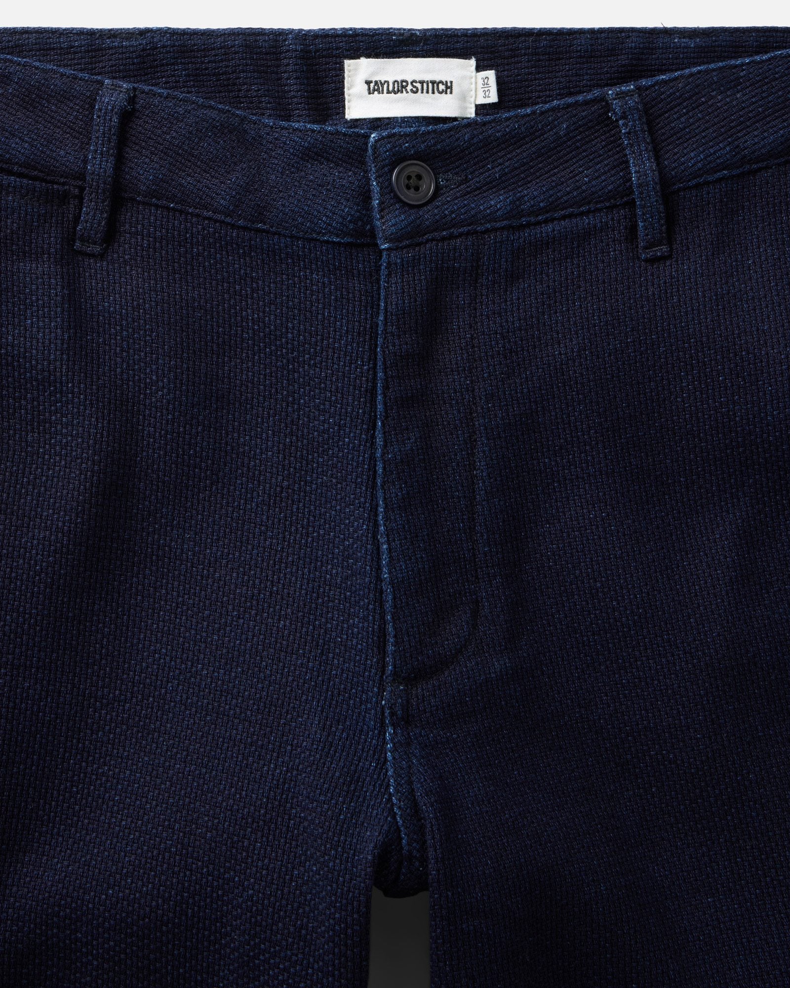 material shot of the waistband on The Camden Pant in Rinsed Indigo Sashiko, Bottoms by Taylor Stitch