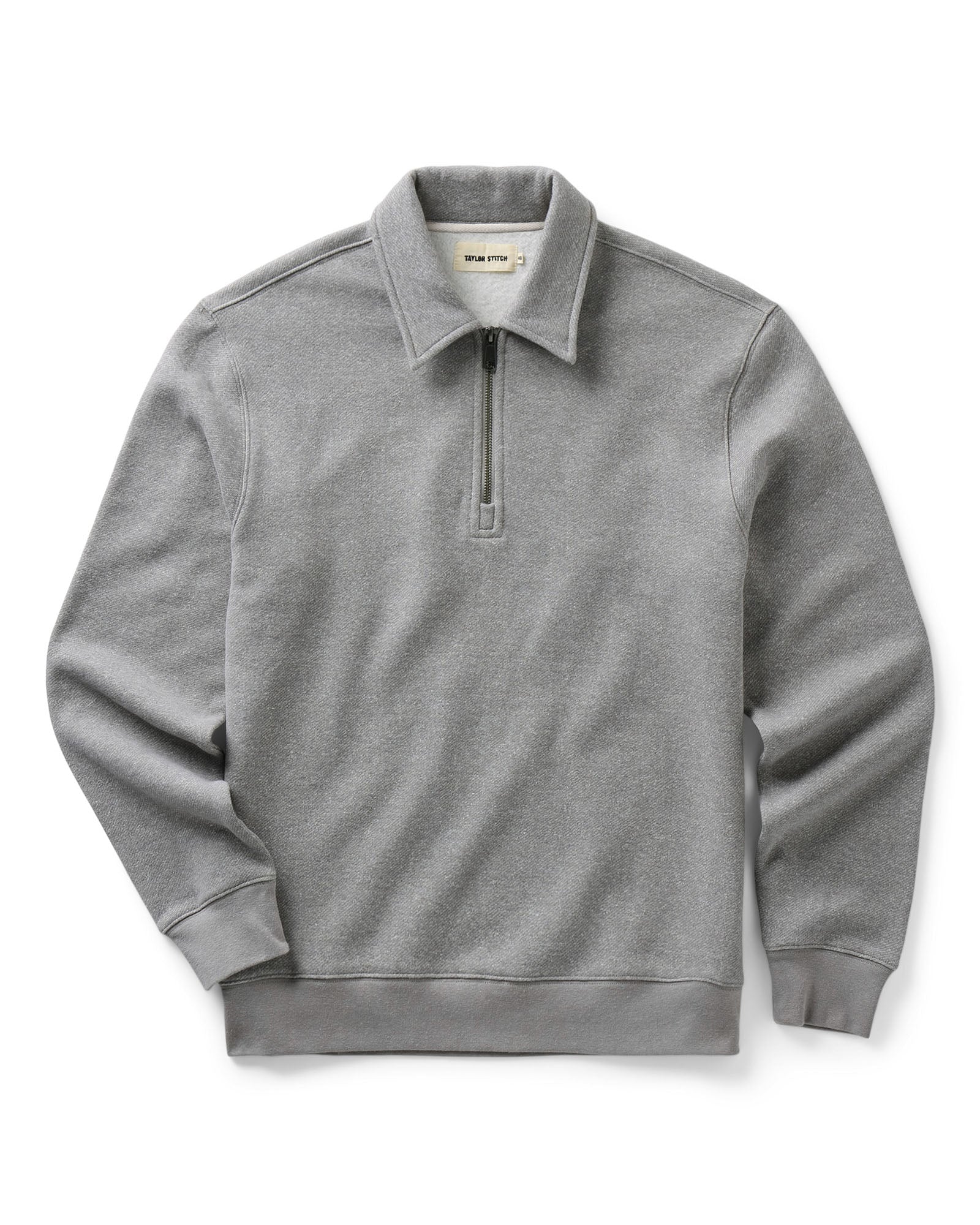 flatlay of The Armor Quarter Zip in Heather Grey Cotton Hemp, Knits by Taylor Stitch
