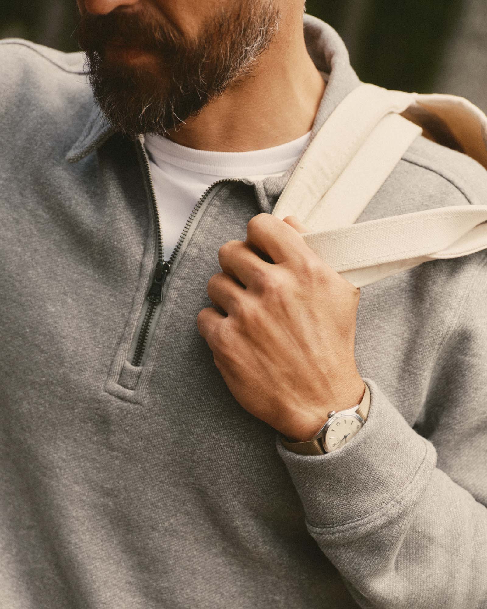 fit model wearing The Armor Quarter Zip in Heather Grey Cotton Hemp, Knits by Taylor Stitch