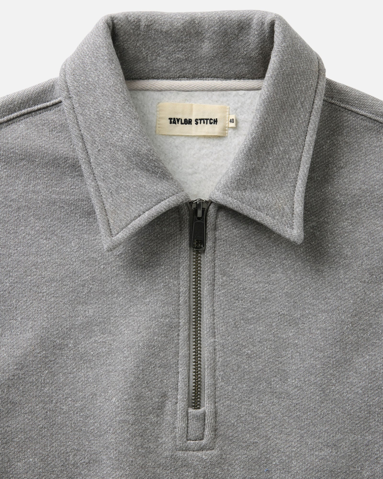 material shot of the collar on The Armor Quarter Zip in Heather Grey Cotton Hemp, Knits by Taylor Stitch