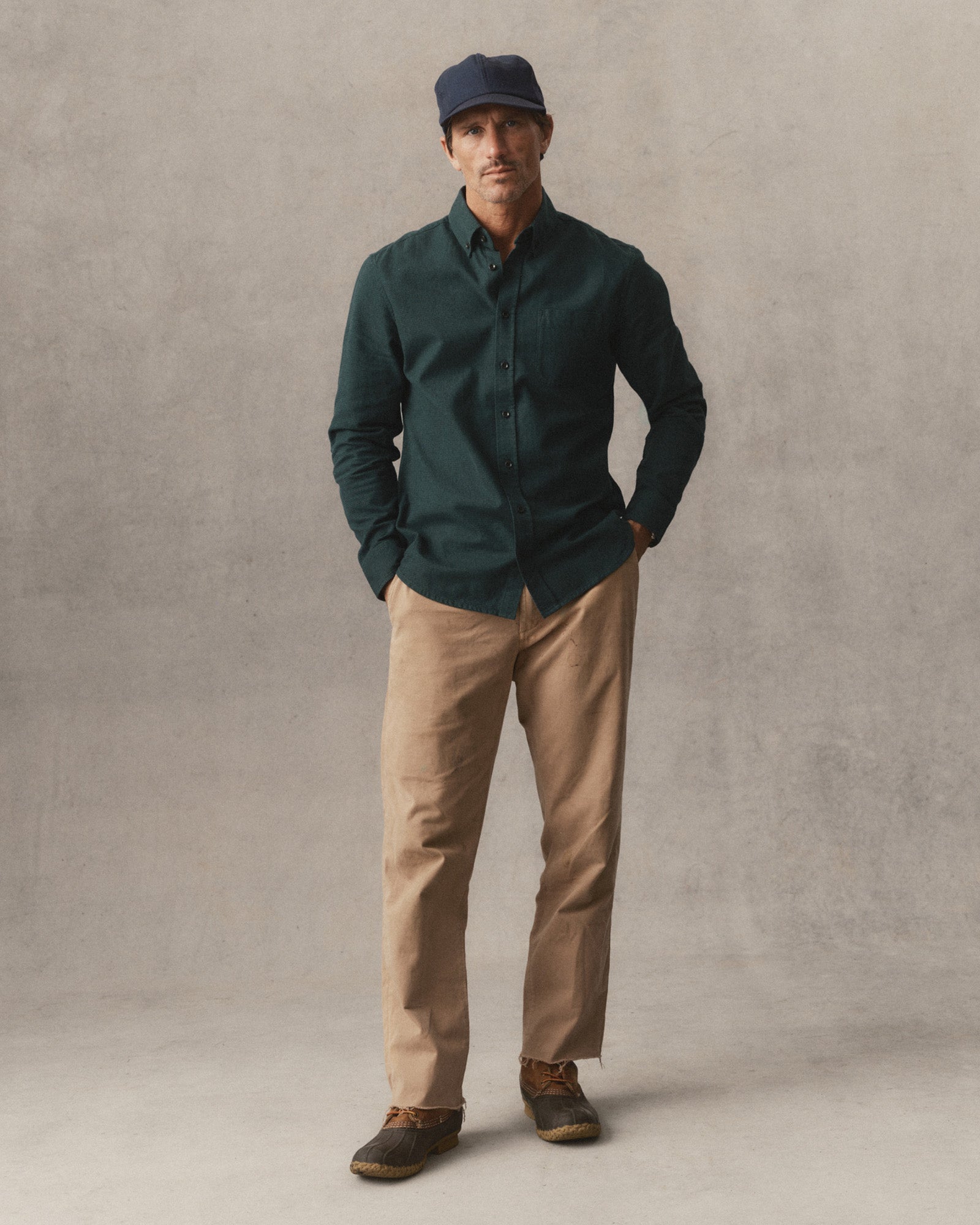 fit model posing in The Jack in Spruce Houndstooth, Wovens by Taylor Stitch
