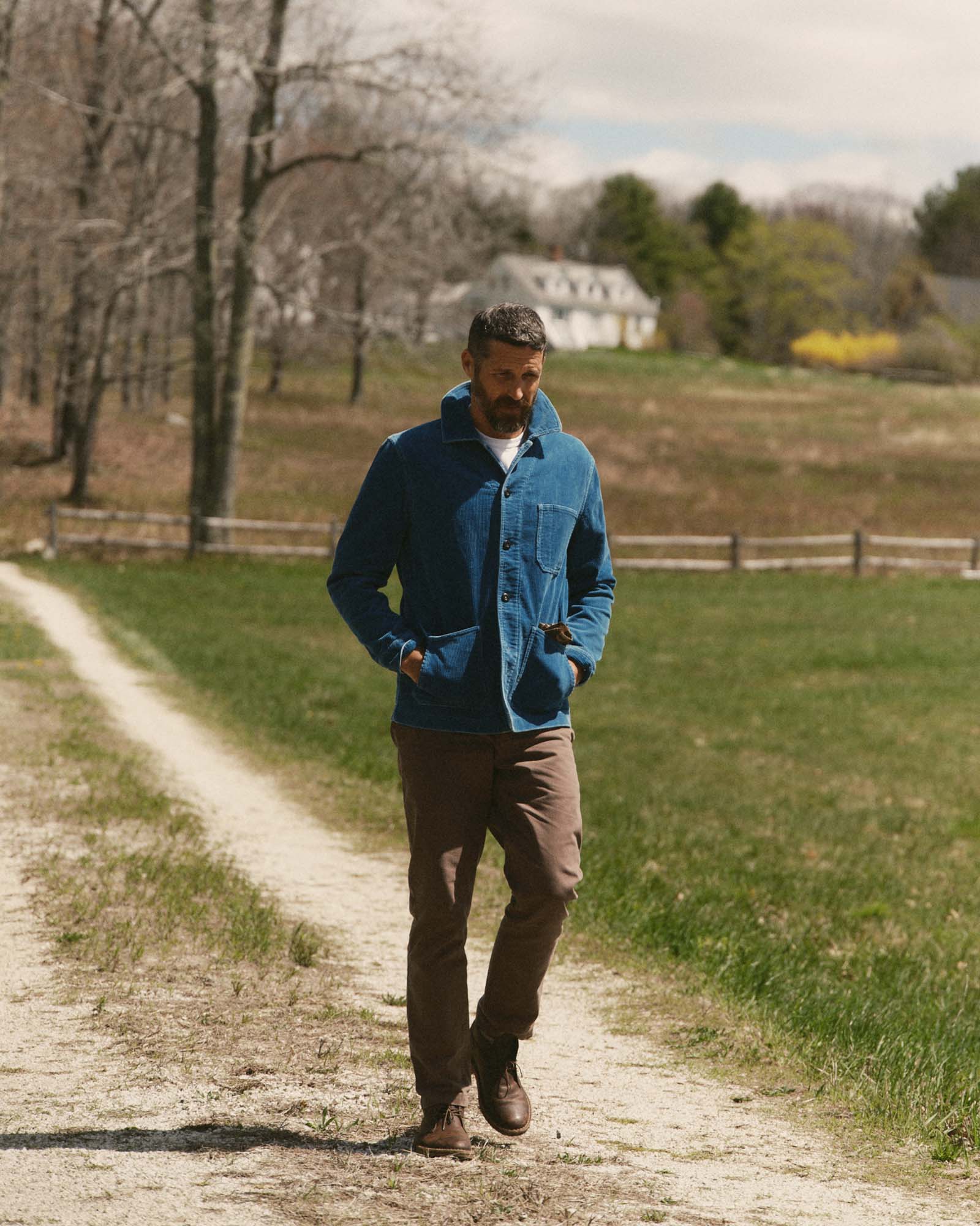 fit model walking wearing The Ojai Jacket in Washed Indigo Corduroy, Outerwear by Taylor Stitch