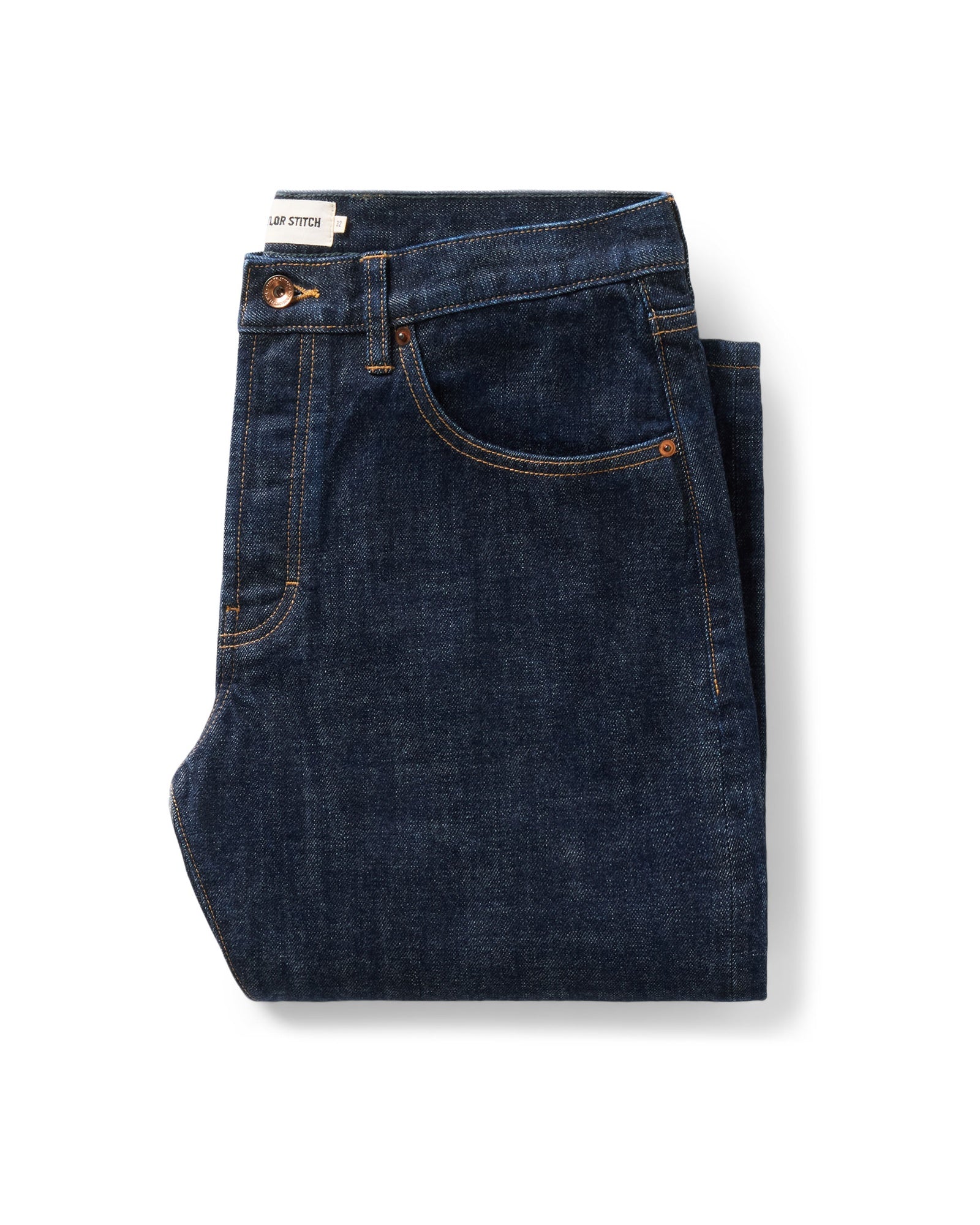 folded flatlay of The Democratic Jean in Rinsed Organic Selvedge, Bottoms by Taylor Stitch