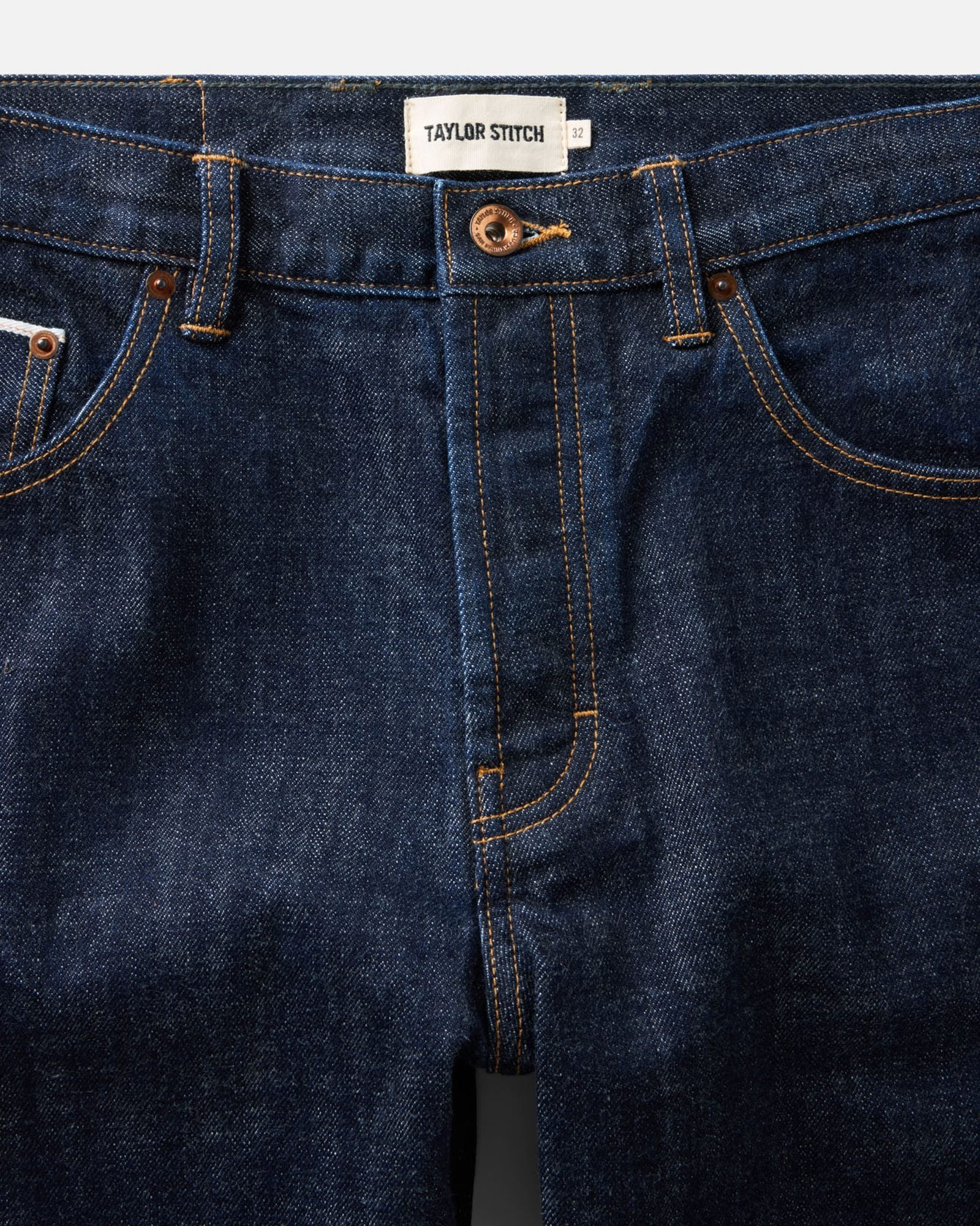 material shot of the waistband on The Democratic Jean in Rinsed Organic Selvedge, Bottoms by Taylor Stitch