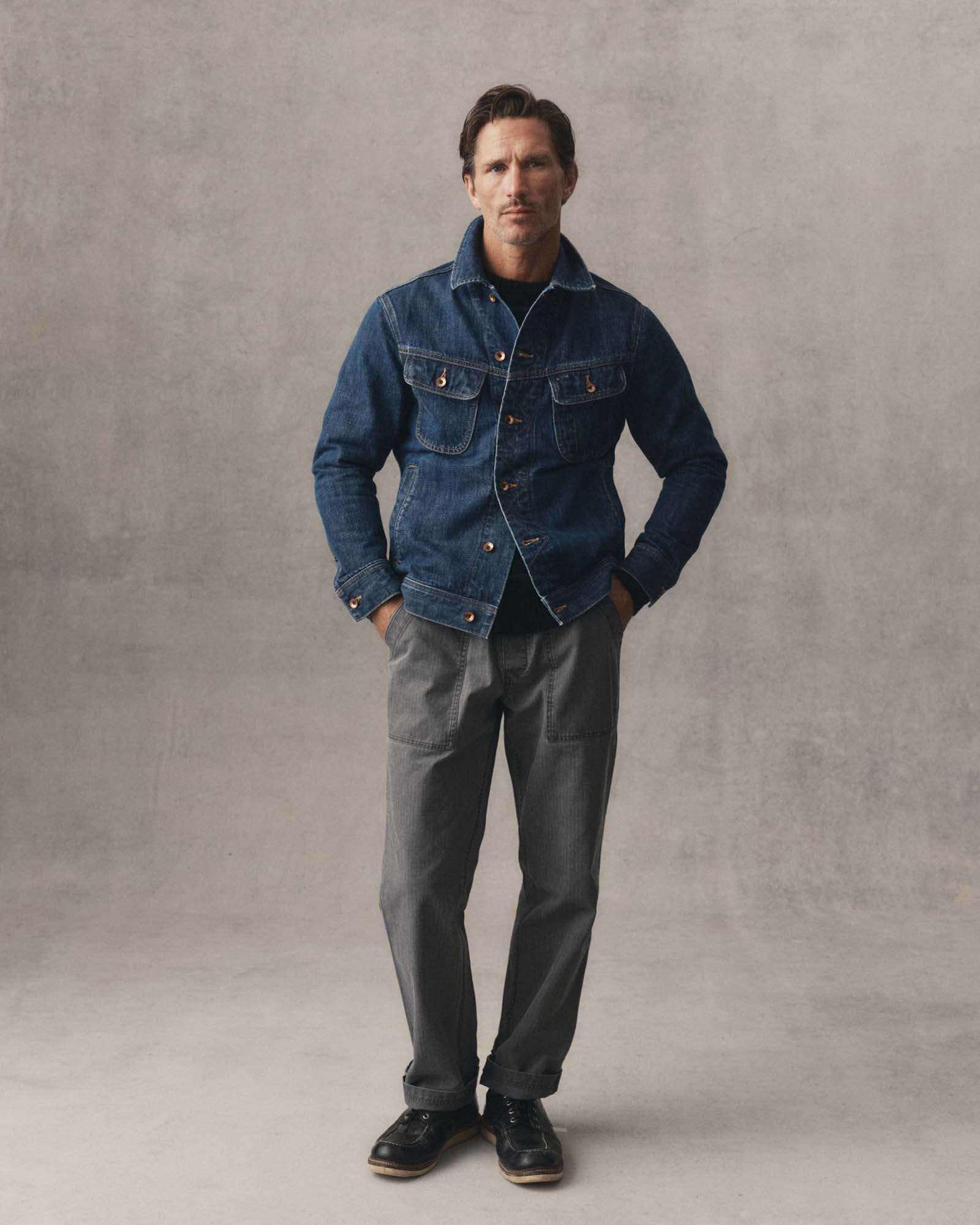 fit model showing off The Long Haul Jacket in Mid Wash Organic Selvedge, Outerwear by Taylor Stitch