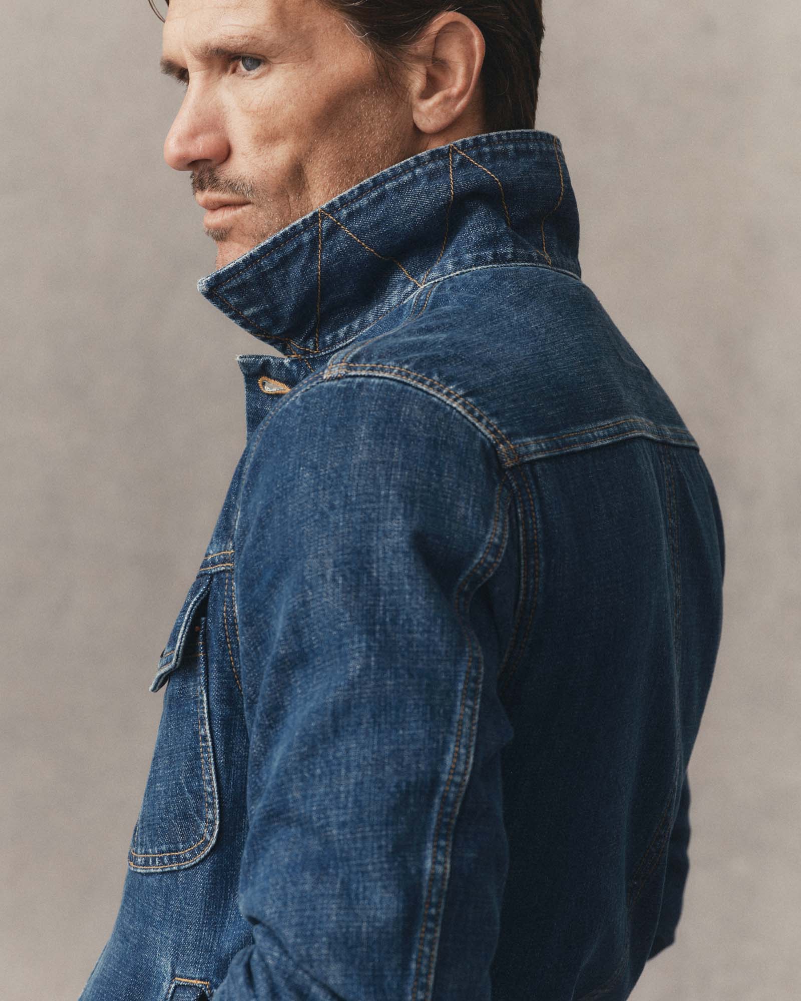 fit model showing off the collar on The Long Haul Jacket in Mid Wash Organic Selvedge, Outerwear by Taylor Stitch