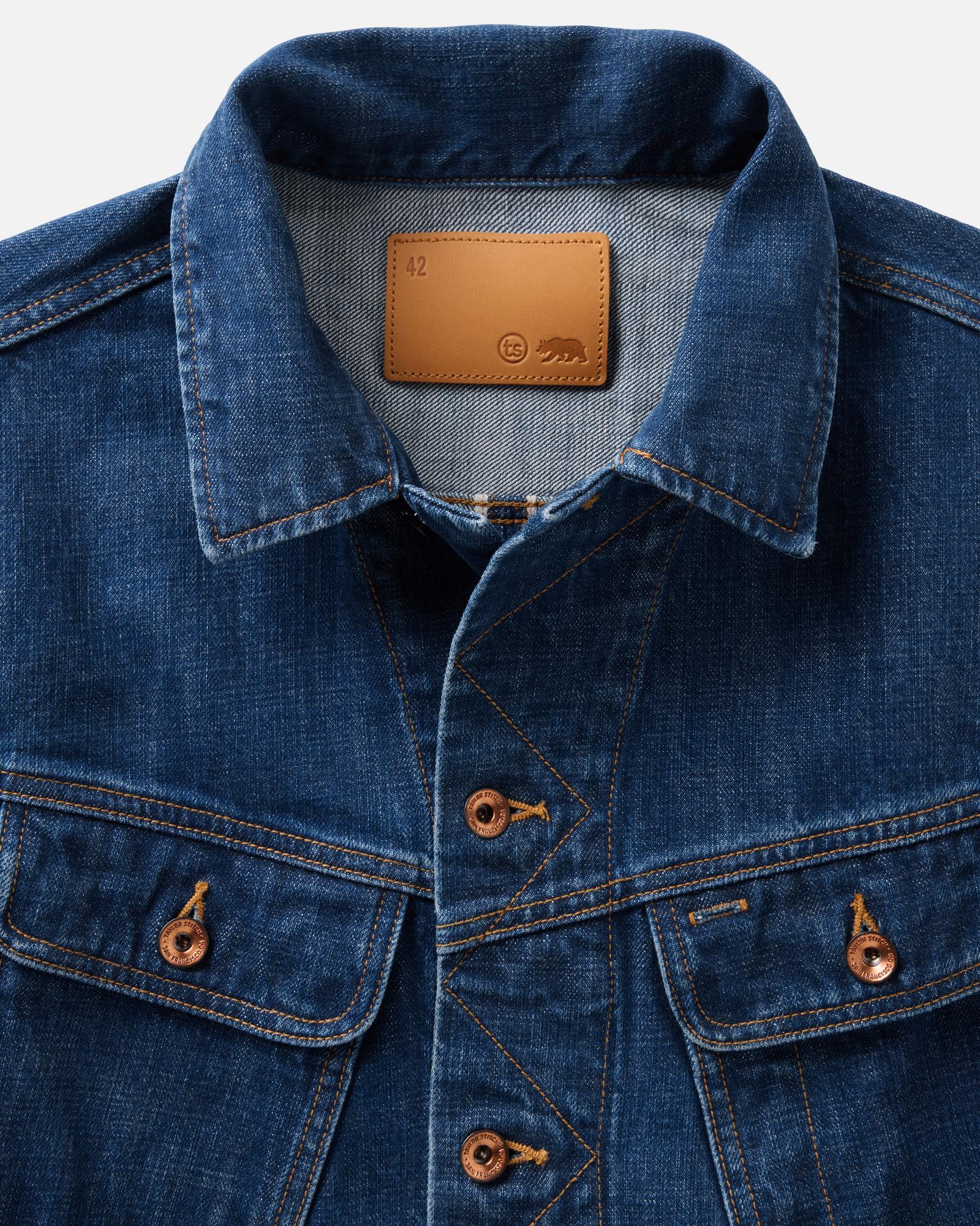 material shot of the collar on The Long Haul Jacket in Mid Wash Organic Selvedge, Outerwear by Taylor Stitch
