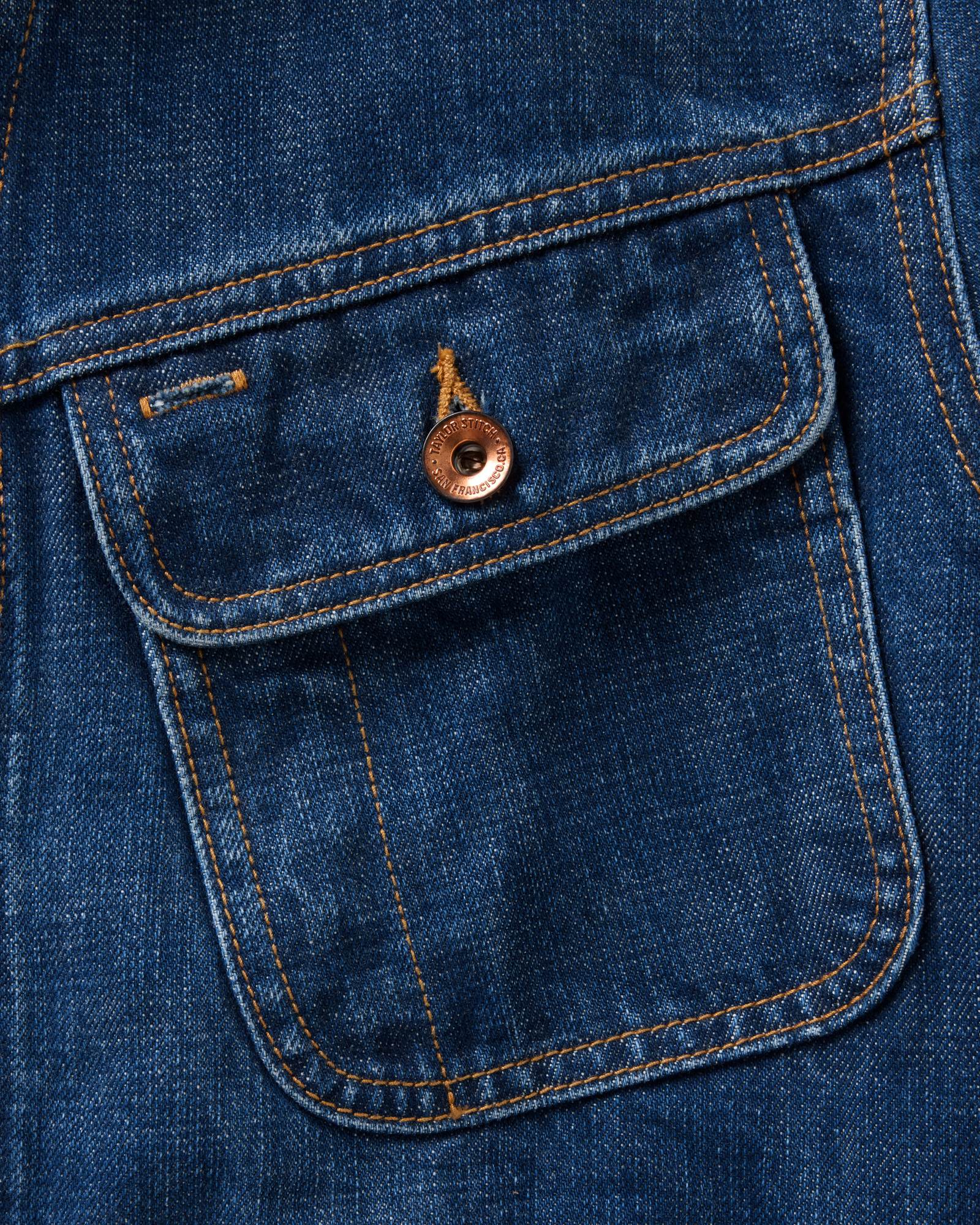 material shot of the pocket on The Long Haul Jacket in Mid Wash Organic Selvedge, Outerwear by Taylor Stitch