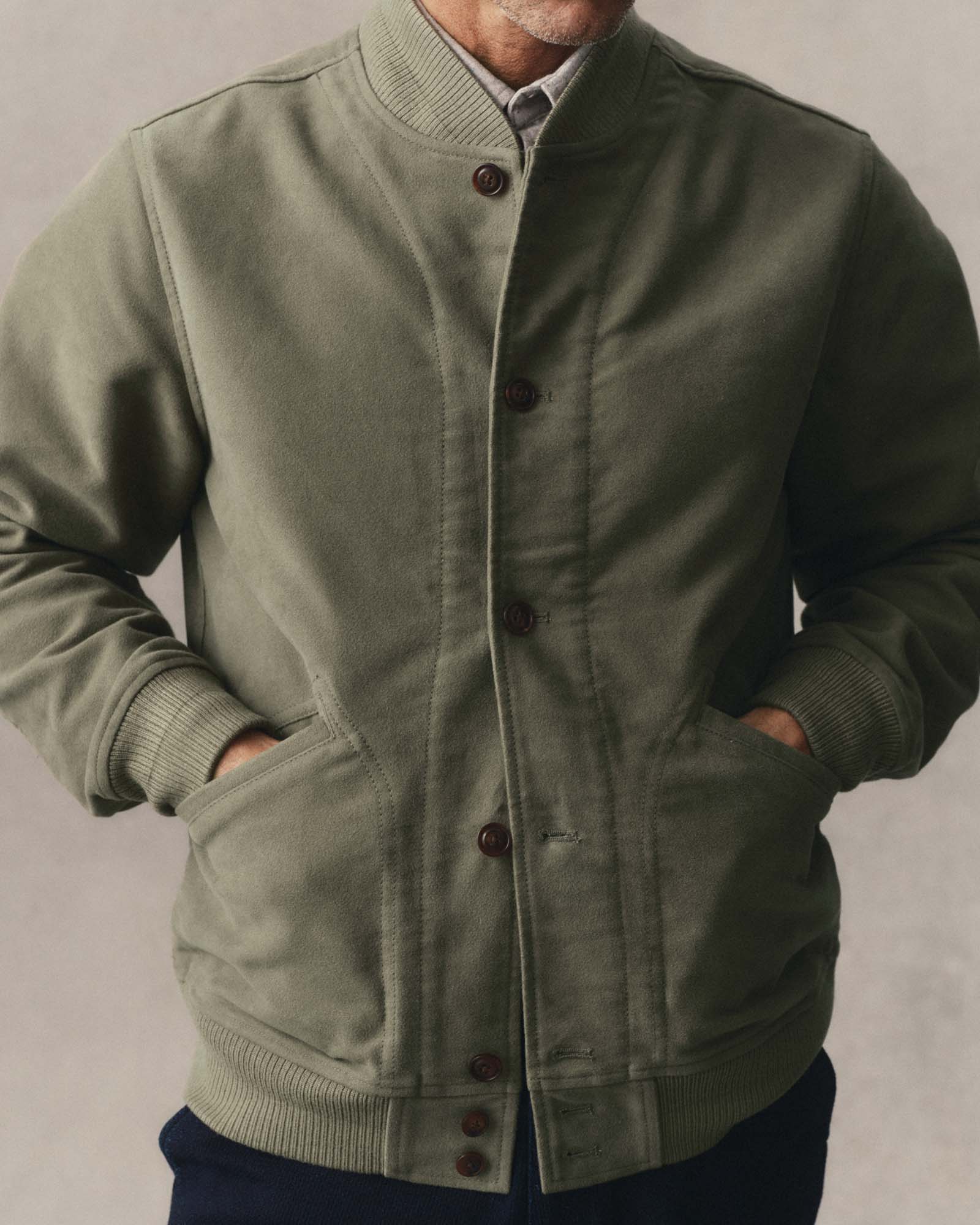 fit model showing off The Clark Bomber in Smoked Olive Moleskin, Outerwear by Taylor Stitch