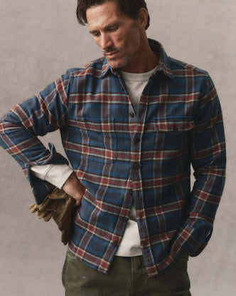 fit model posing in The Crater Shirt in Headland Plaid