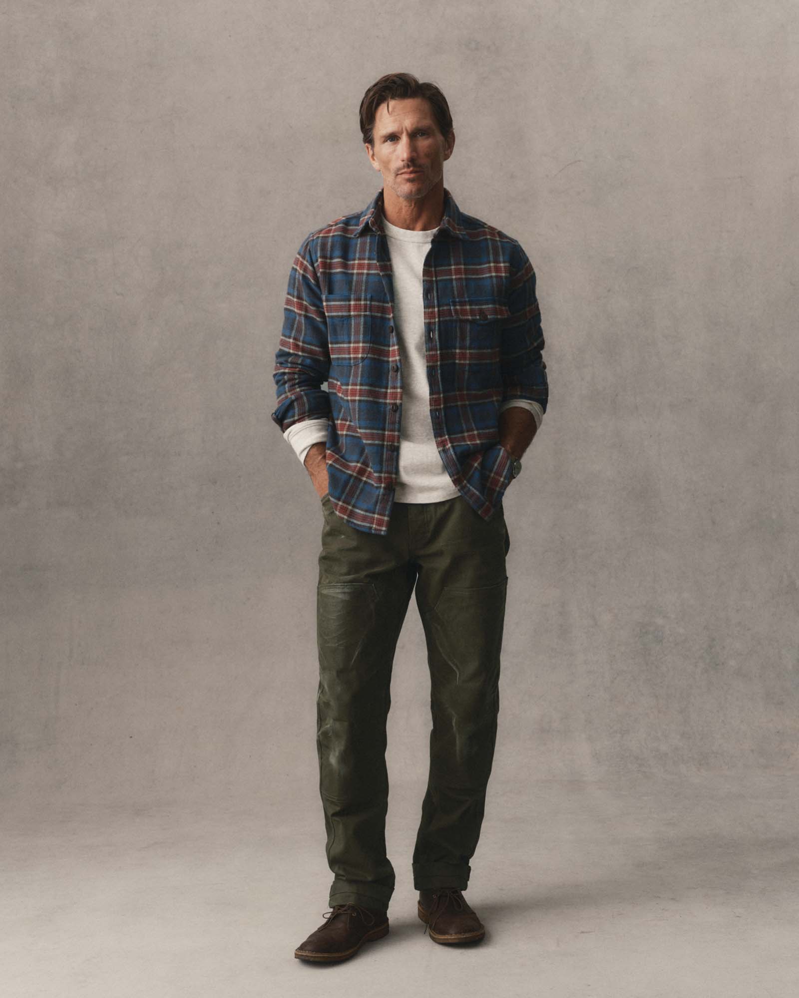 fit model showing off The Crater Shirt in Headland Plaid, Wovens by Taylor Stitch