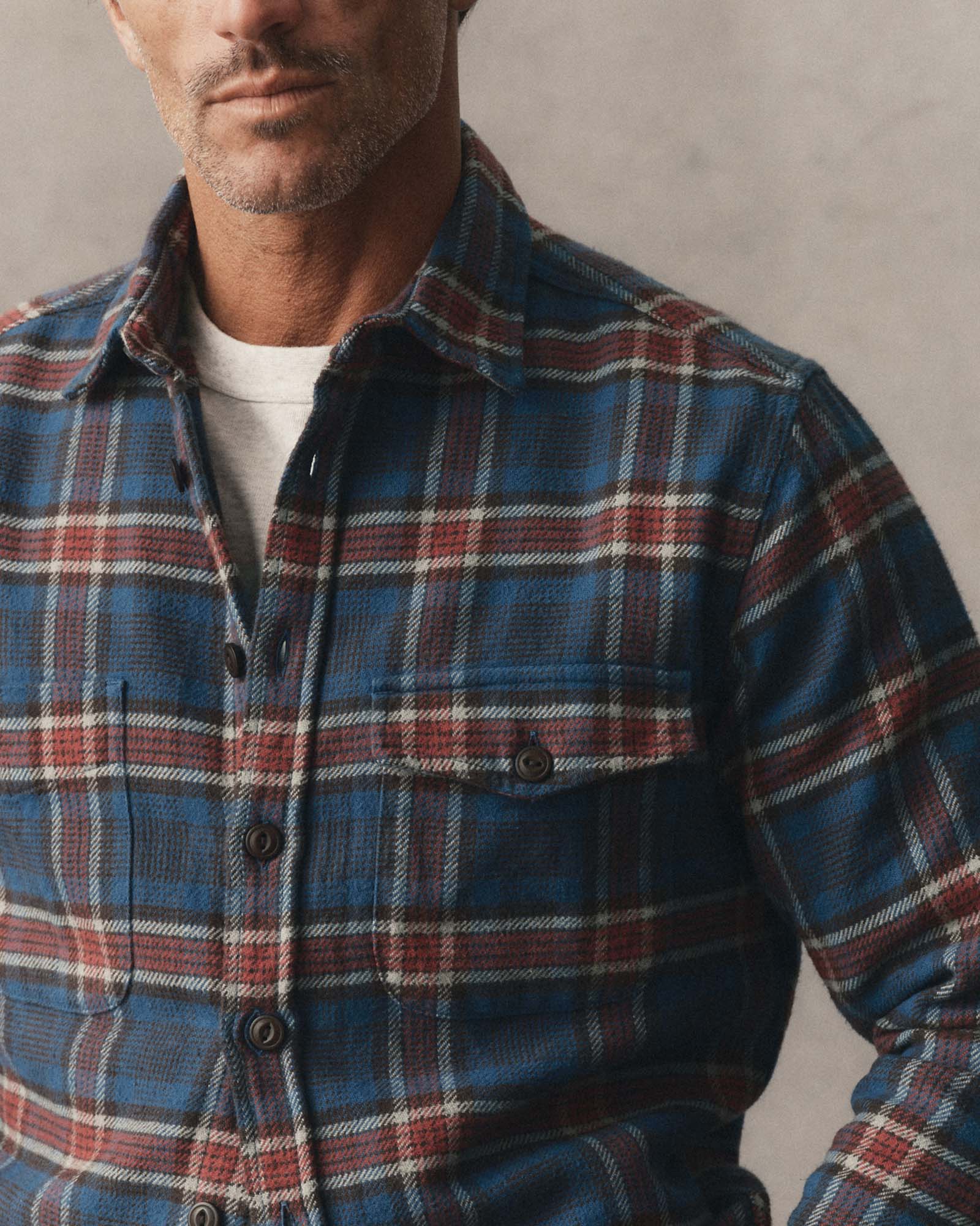 fit model posing in The Crater Shirt in Headland Plaid, Wovens by Taylor Stitch
