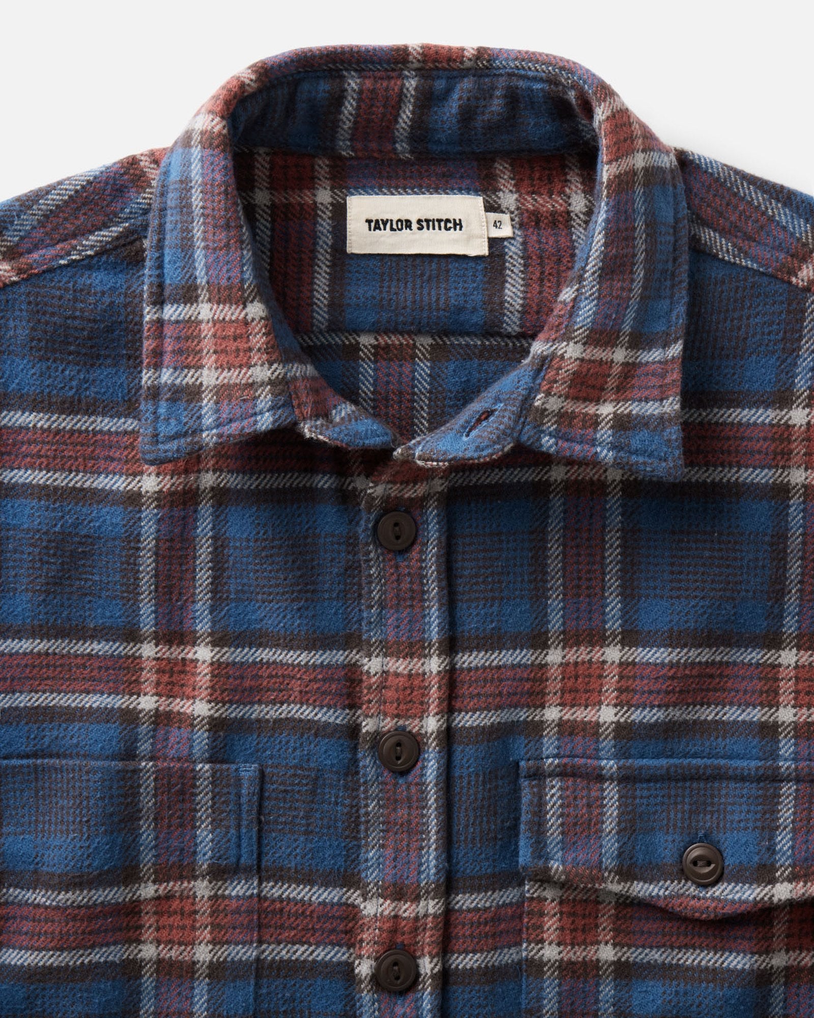 material shot of the collar on The Crater Shirt in Headland Plaid, Wovens by Taylor Stitch