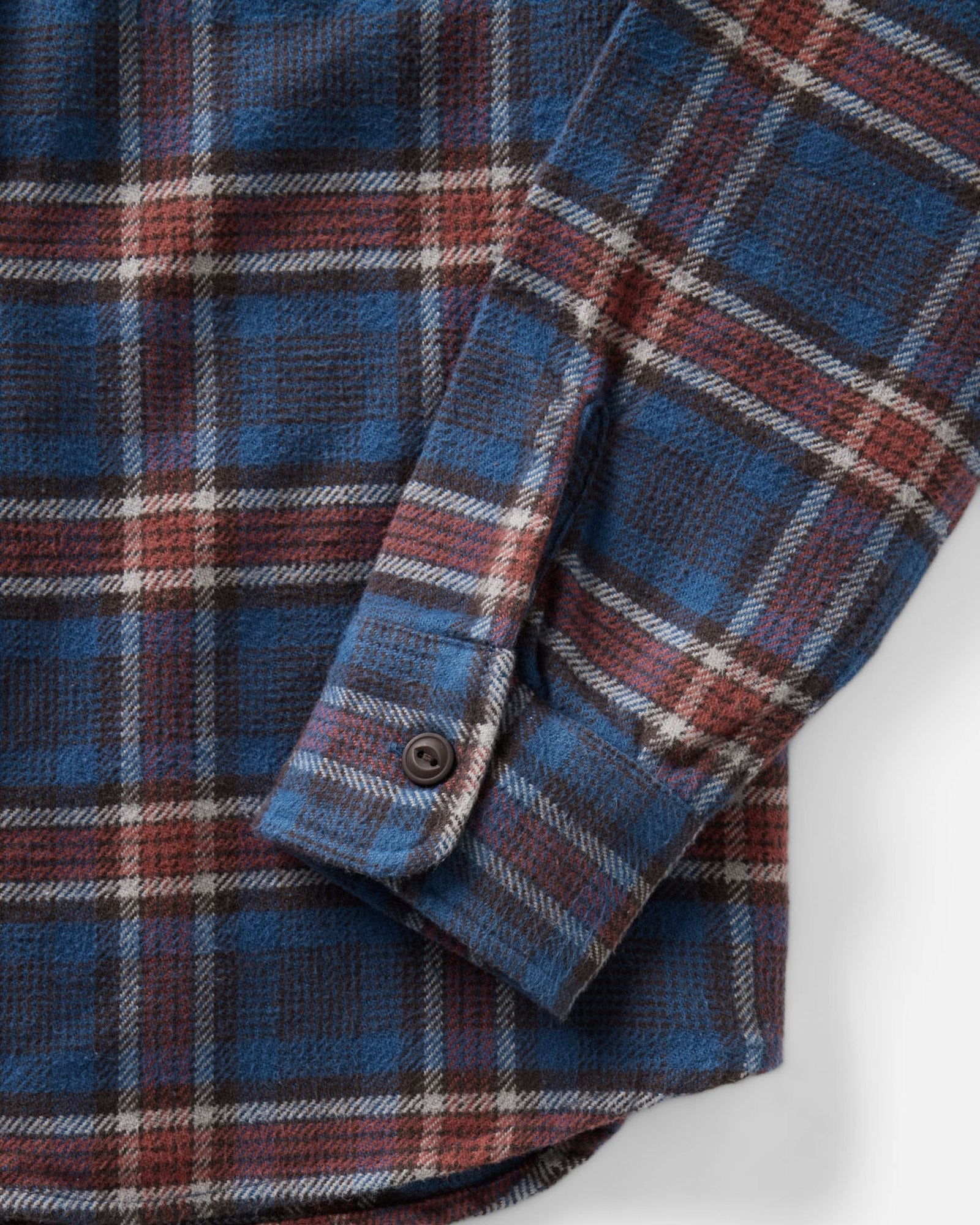 material shot of the sleeve on The Crater Shirt in Headland Plaid, Wovens by Taylor Stitch