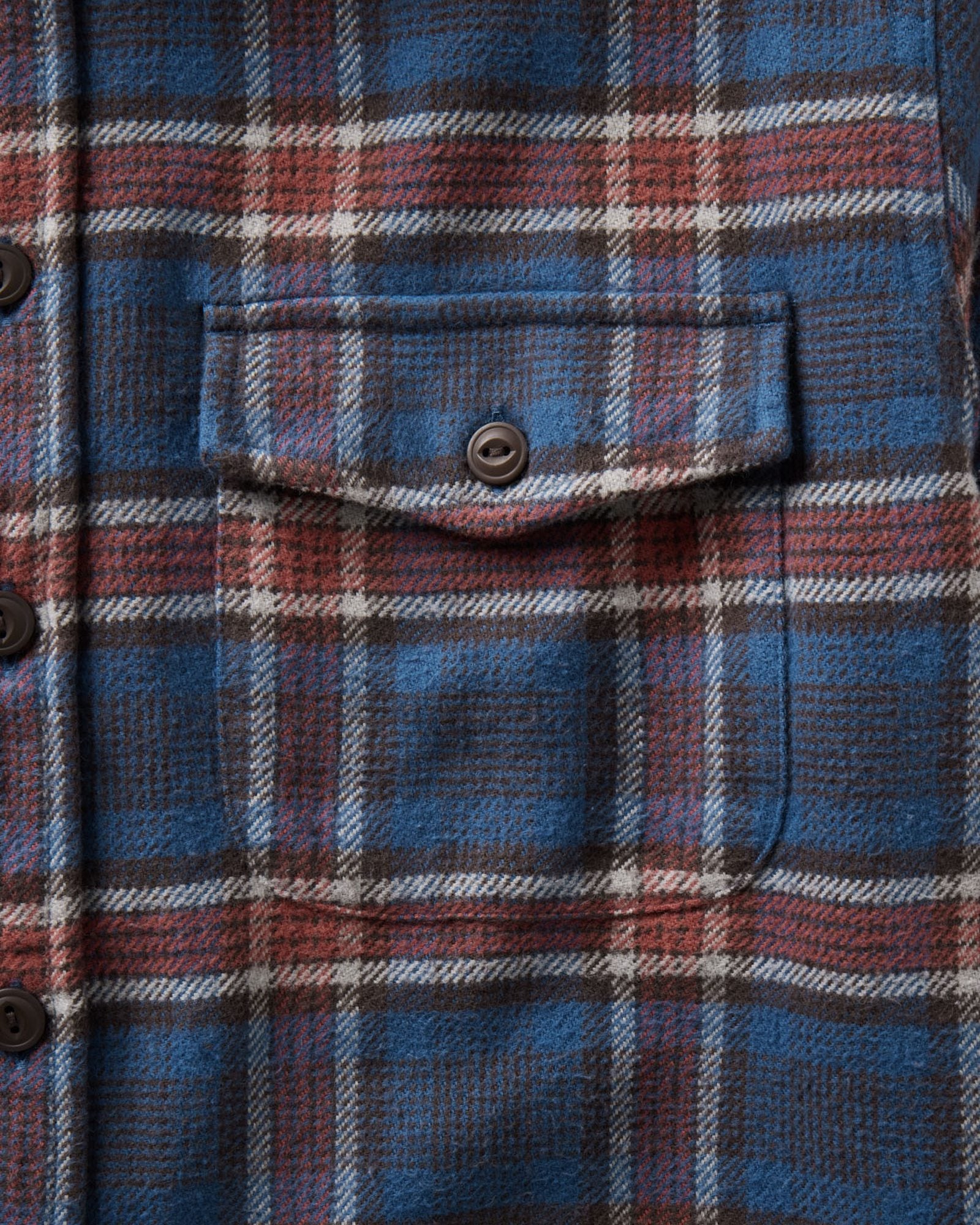 material shot of the pocket on The Crater Shirt in Headland Plaid, Wovens by Taylor Stitch