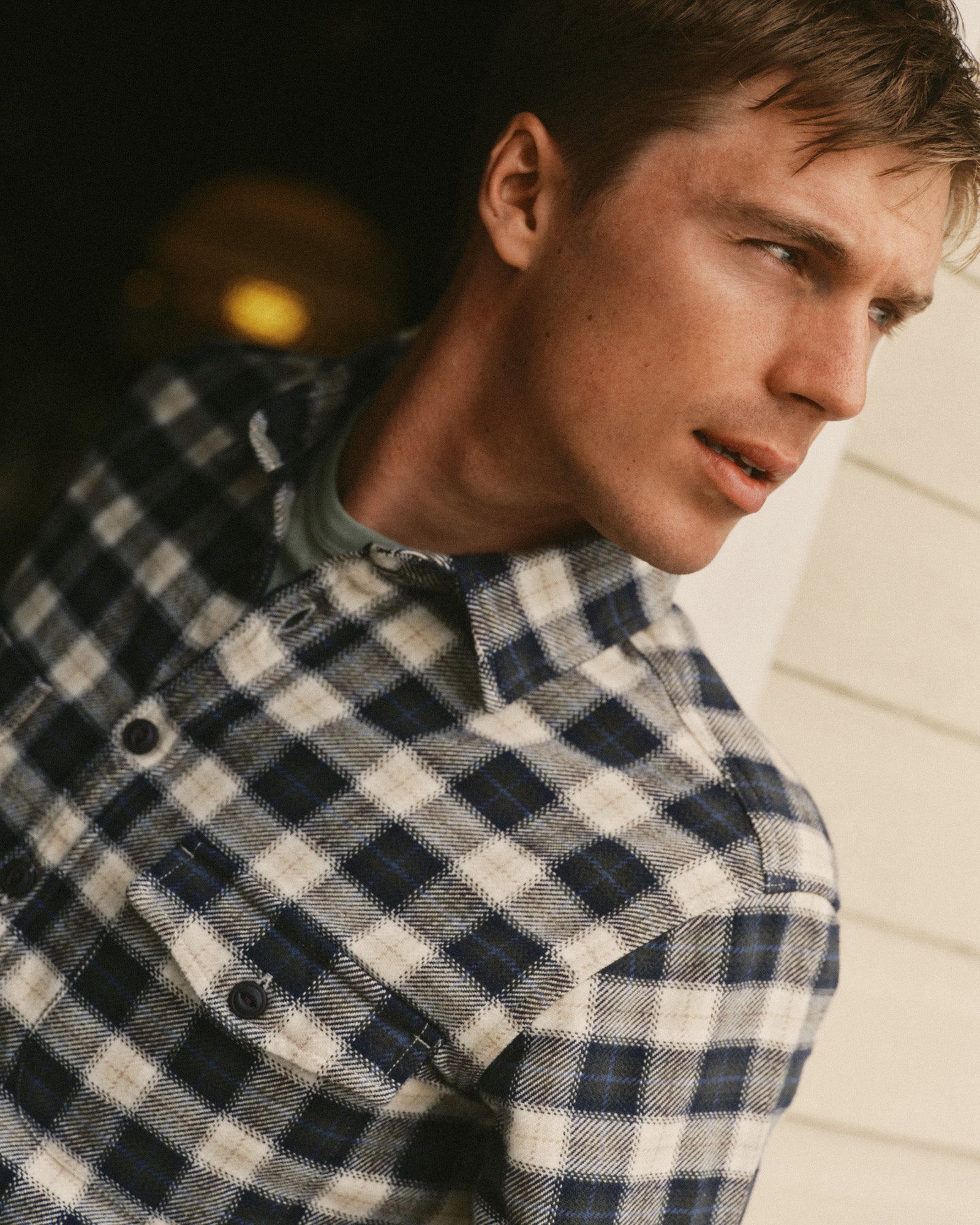 fit model showing off the collar on The Crater Shirt in Woodland Plaid, Wovens by Taylor Stitch