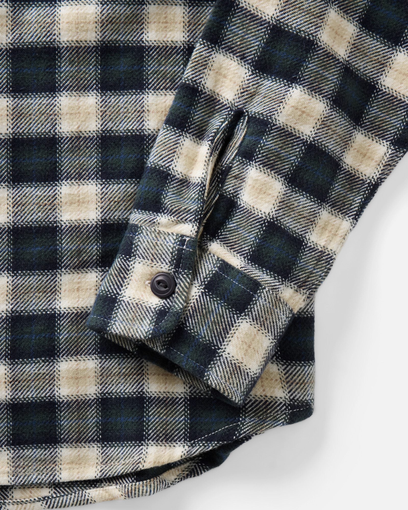 material shot of the sleeve on The Crater Shirt in Woodland Plaid, Wovens by Taylor Stitch