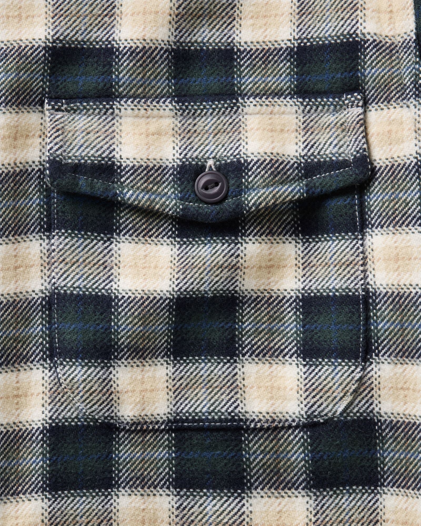 material shot of the pocket on The Crater Shirt in Woodland Plaid, Wovens by Taylor Stitch