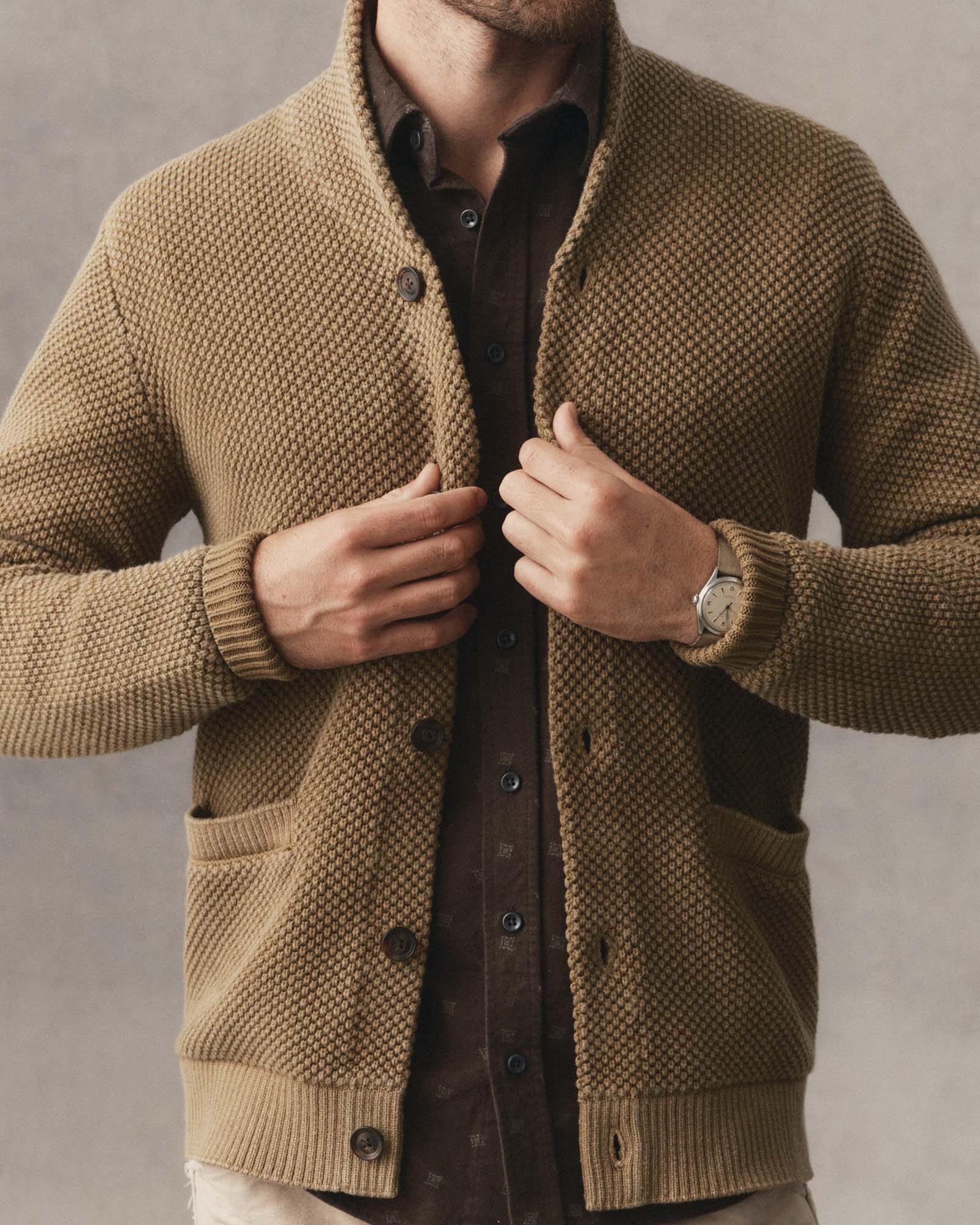 fit mdoel showing off The Crawford Sweater in Bay Leaf, Knits by Taylor Stitch
