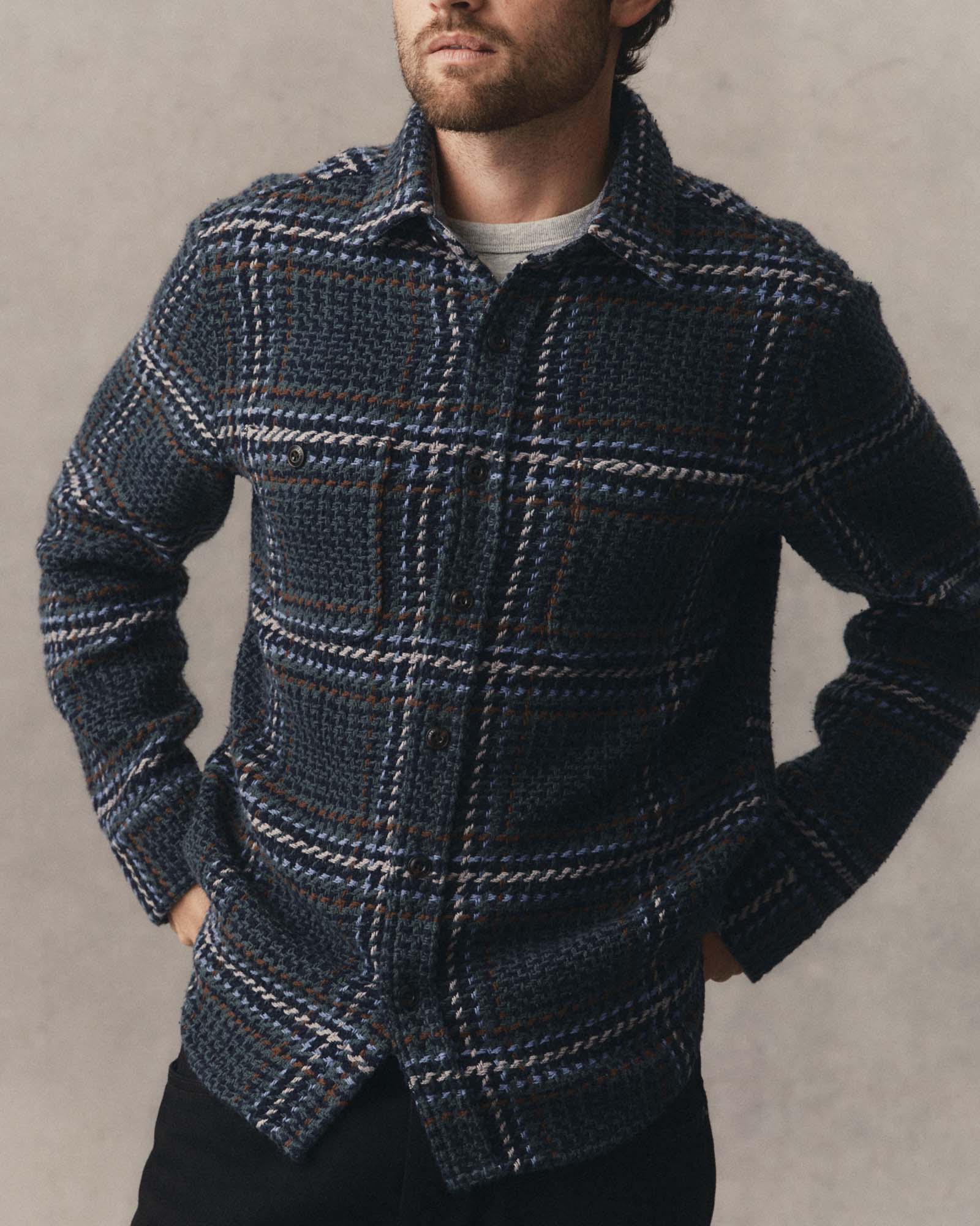 fit model showing off The Cutter Overshirt in Canal Check, Wovens by Taylor Stitch