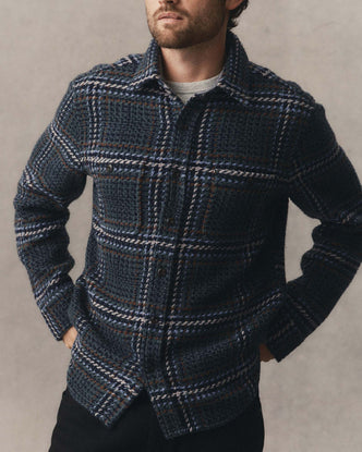 fit model showing off The Cutter Overshirt in Canal Check