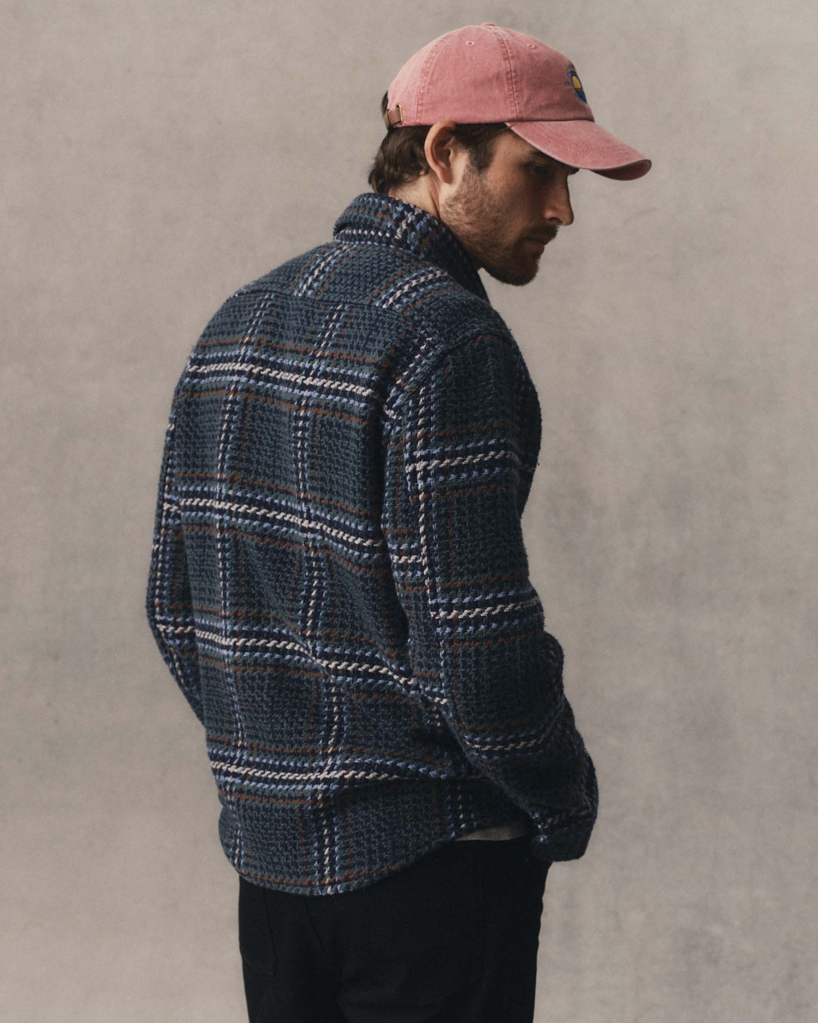 fit model showing off the back of The Cutter Overshirt in Canal Check, Wovens by Taylor Stitch