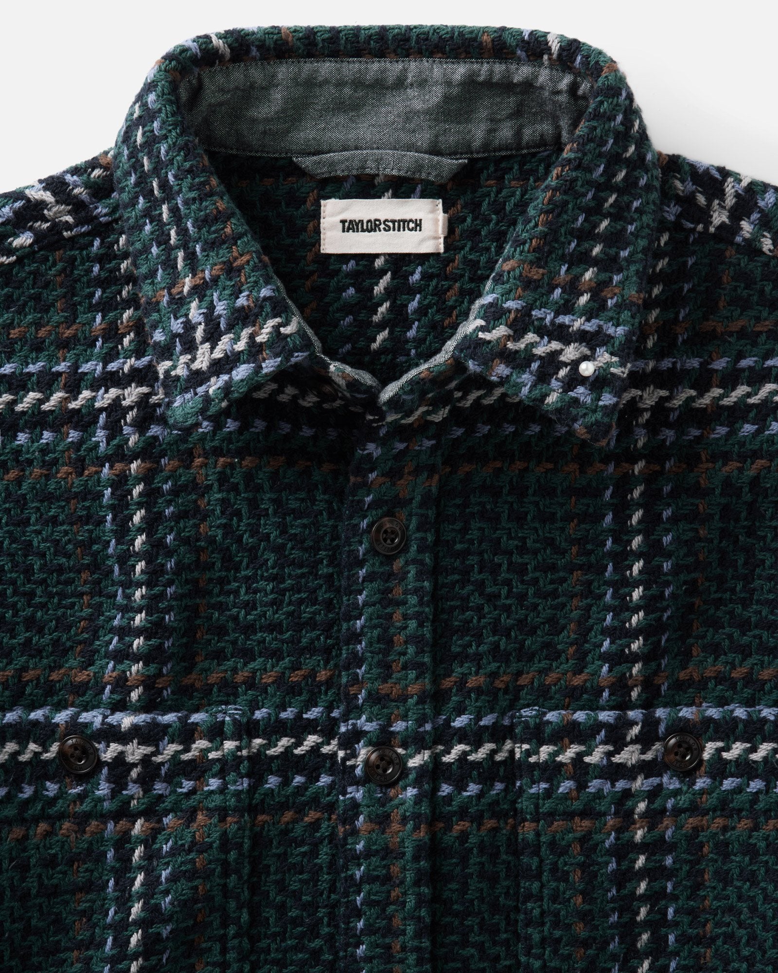 material shot of the collar on The Cutter Overshirt in Canal Check, Wovens by Taylor Stitch