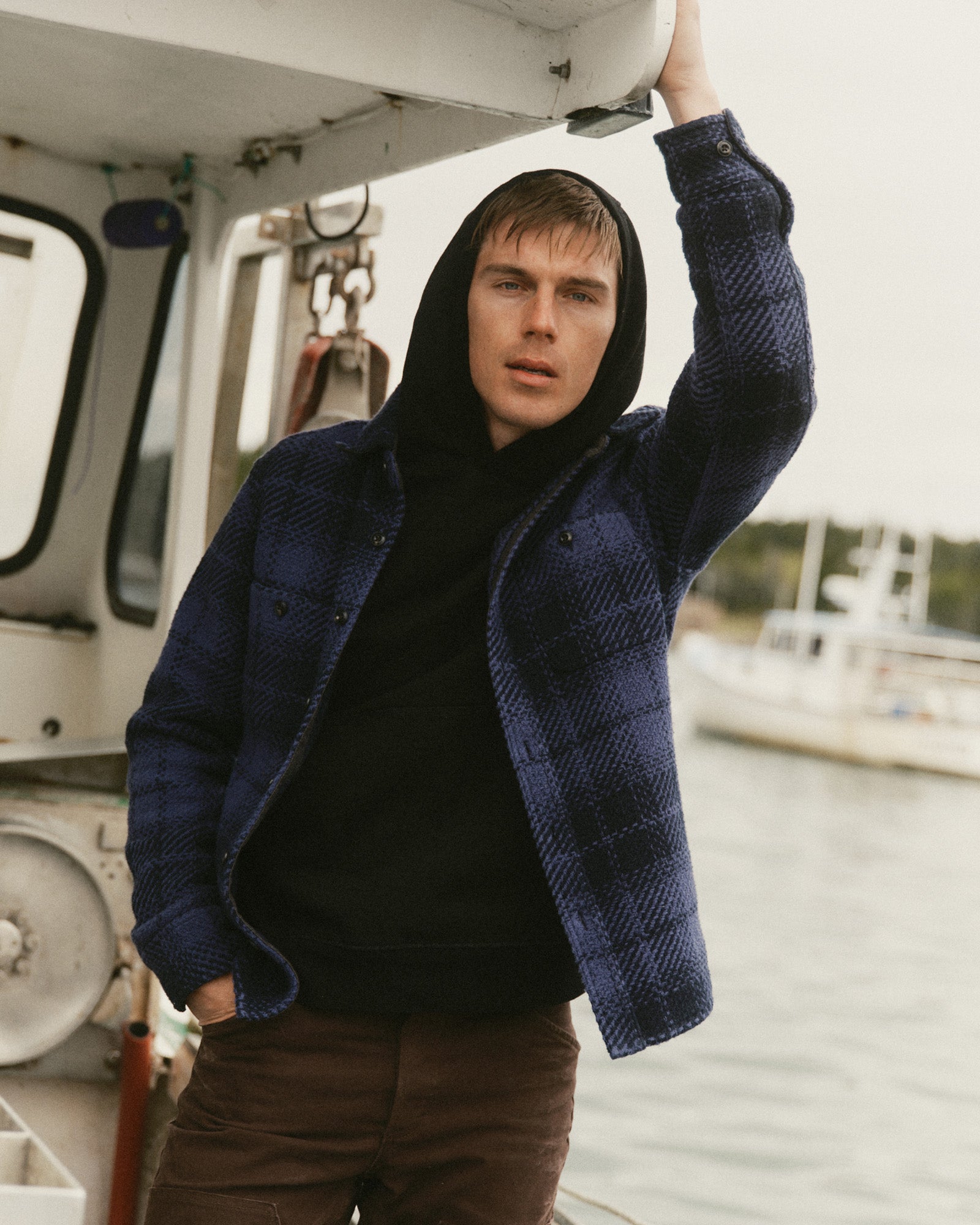 fit model showing off The Cutter Overshirt in Lighthouse Check, Wovens by Taylor Stitch