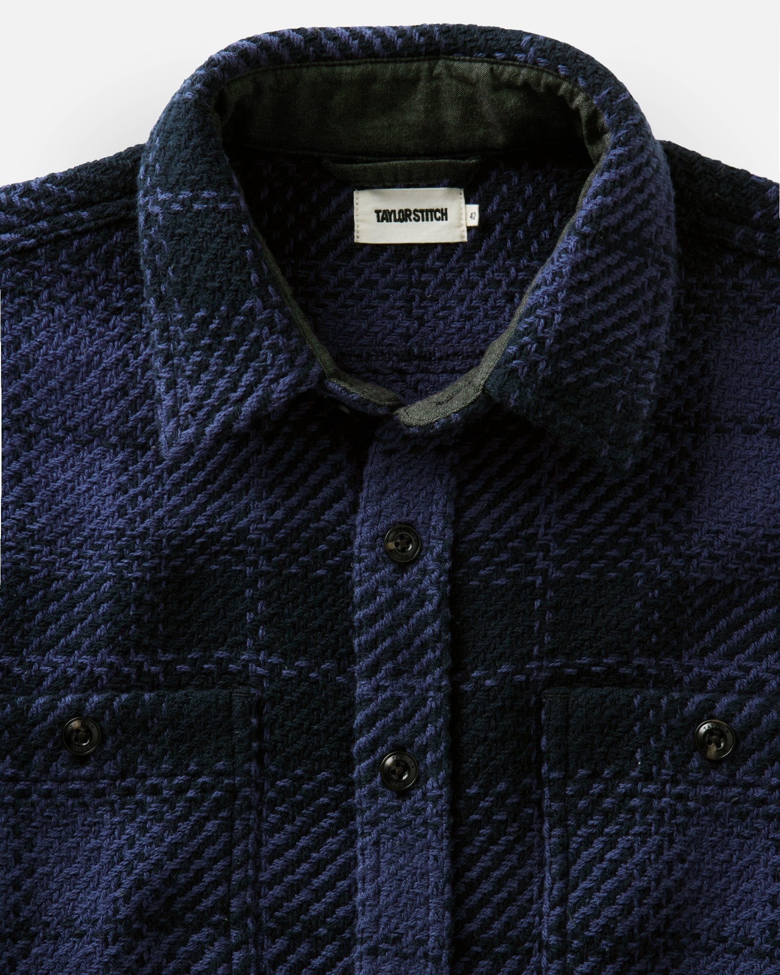 material shot of the collar on The Cutter Overshirt in Lighthouse Check, Wovens by Taylor Stitch