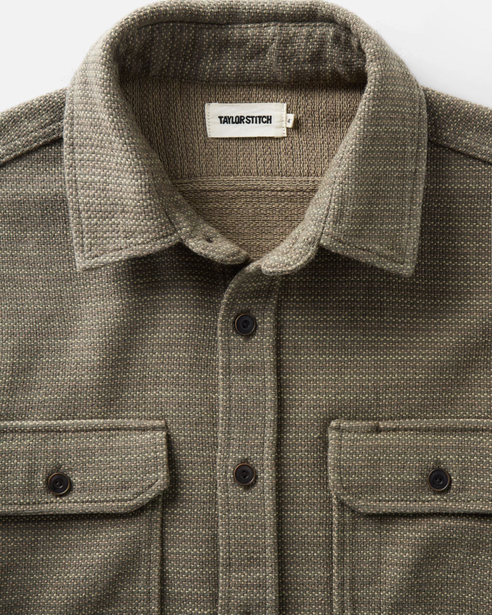 material shot of the collar on The Division Shirt in Cypress, Wovens by Taylor Stitch
