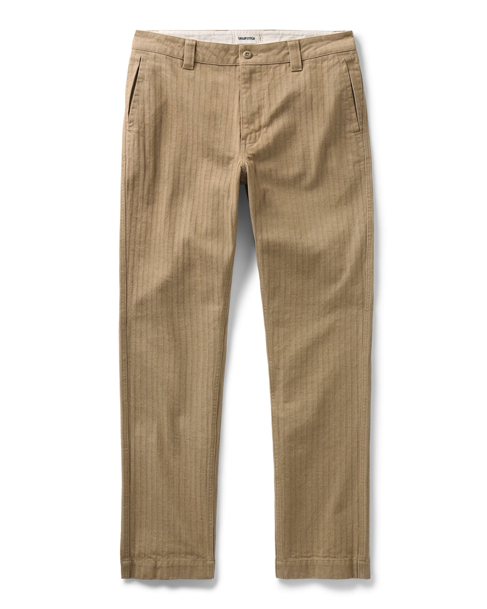 flatlay of The Emlen Pant in Khaki Herringbone, Bottoms by Taylor Stitch
