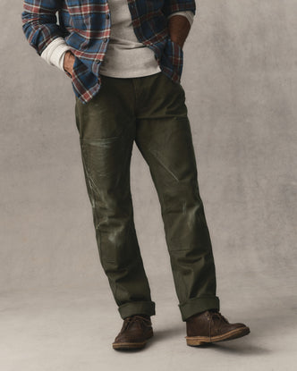 fit model posing in The Good Acre Chore Pant in Olive Canvas