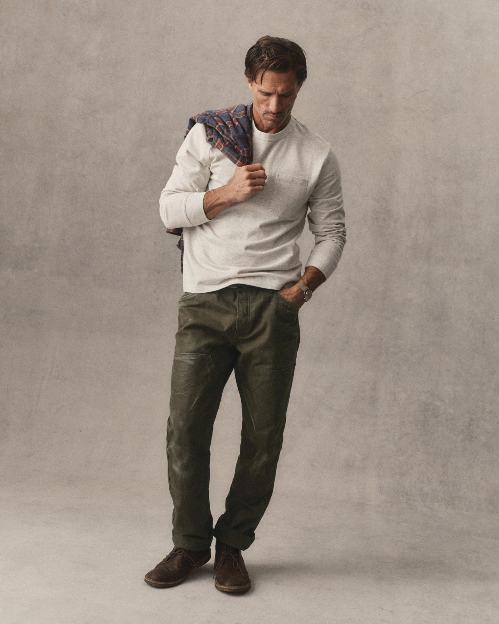 fit model showing off The Good Acre Chore Pant in Olive Canvas, Bottoms by Taylor Stitch