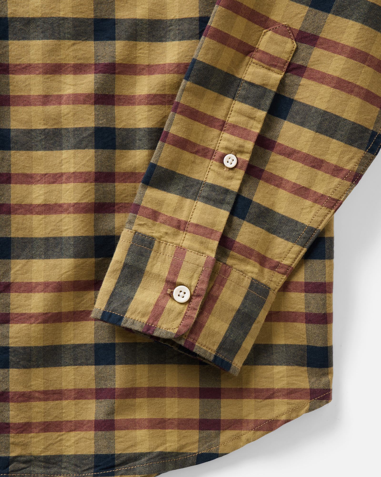 material shot of the sleeve on The Jack in Marsh Check Oxford, Wovens by Taylor Stitch