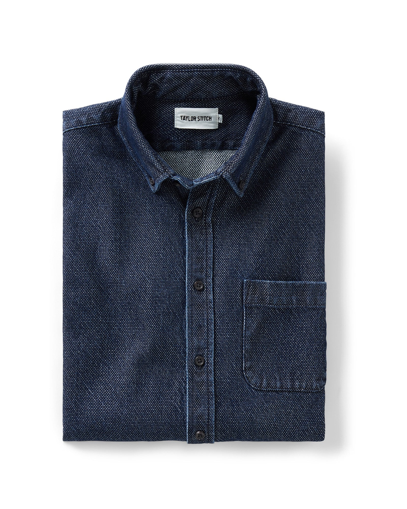 folded flatlay of The Jack in Rinsed Indigo Japanese Jacquard Dot, Wovens by Taylor Stitch