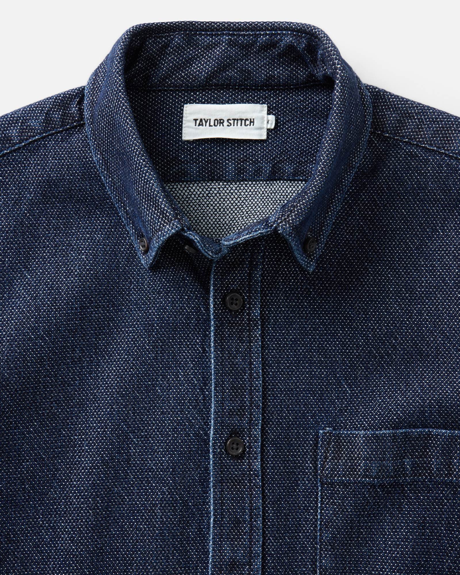 material shot of the collar on The Jack in Rinsed Indigo Japanese Jacquard Dot, Wovens by Taylor Stitch