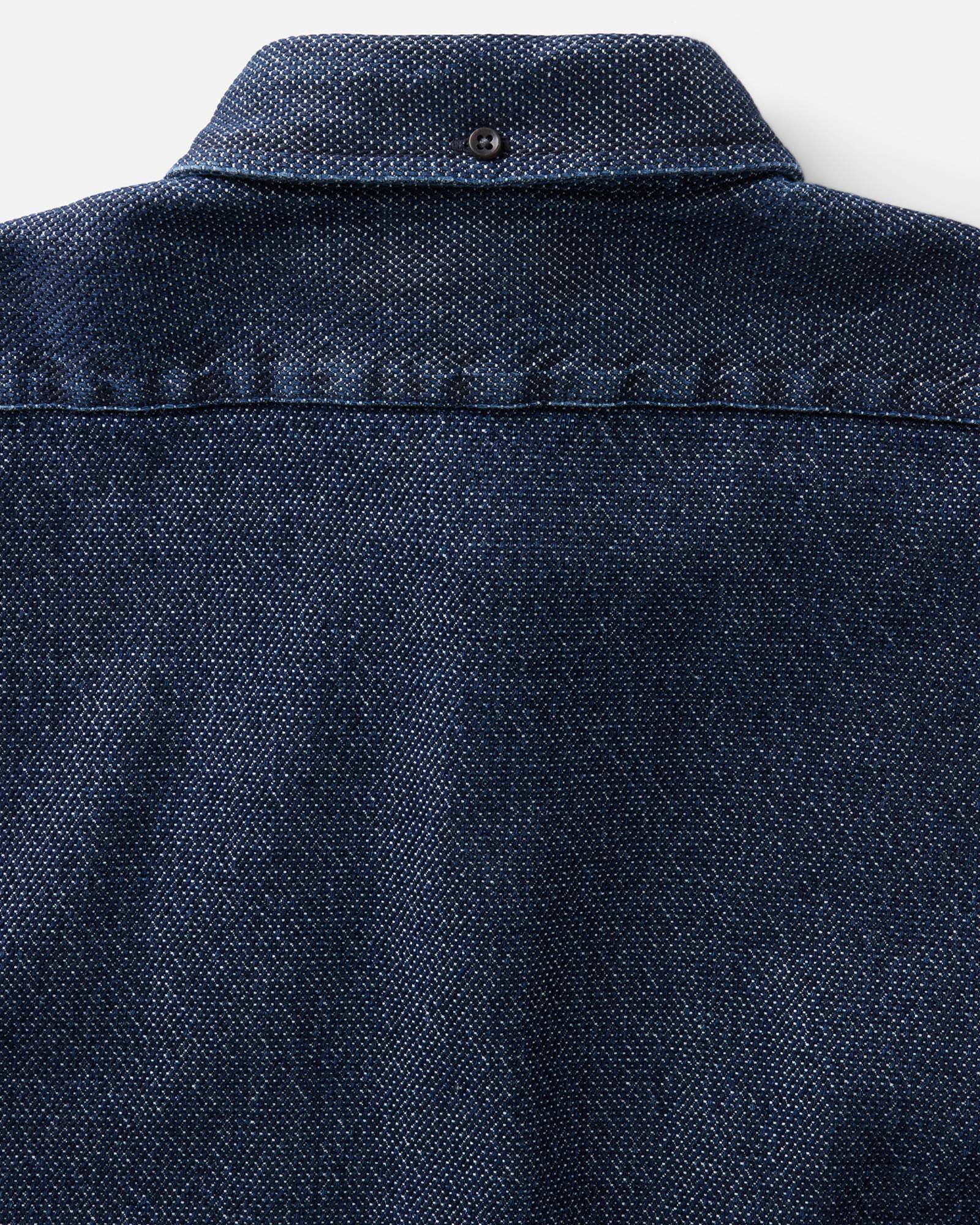 material shot of the back collar on The Jack in Rinsed Indigo Japanese Jacquard Dot, Wovens by Taylor Stitch