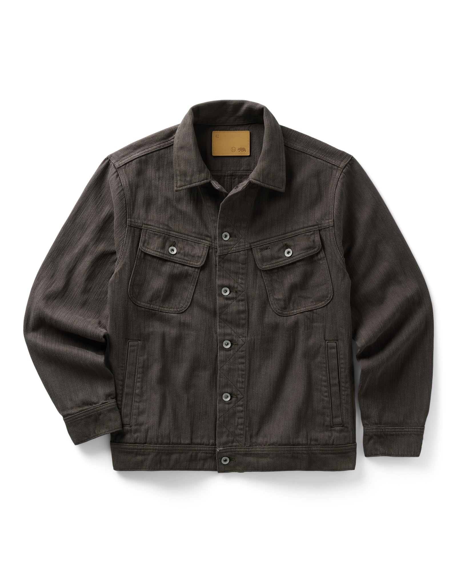 flatlay of The Long Haul Jacket in Soil Slub Denim, Outerwear by Taylor Stitch