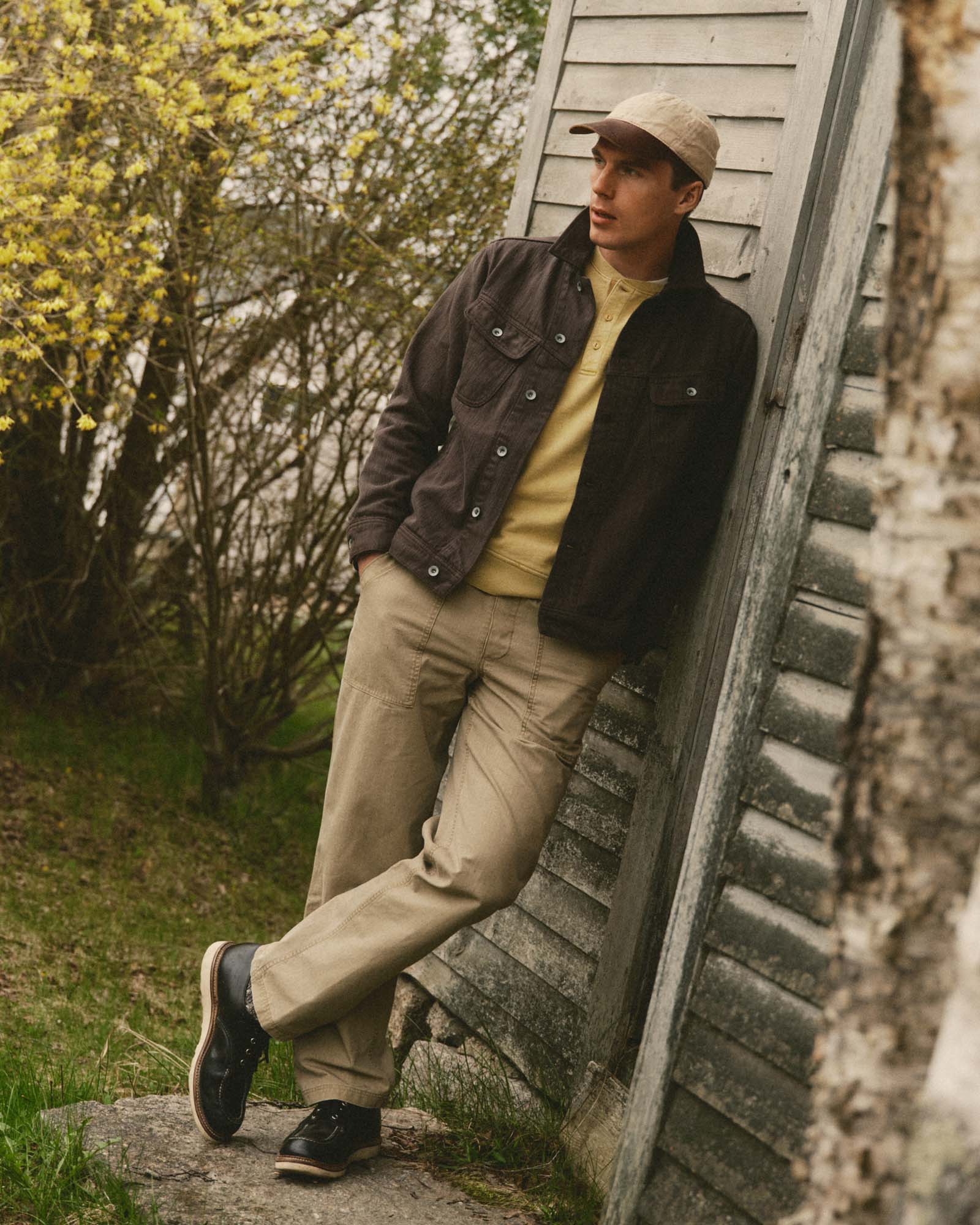 fit model showing off The Long Haul Jacket in Soil Slub Denim, Outerwear by Taylor Stitch