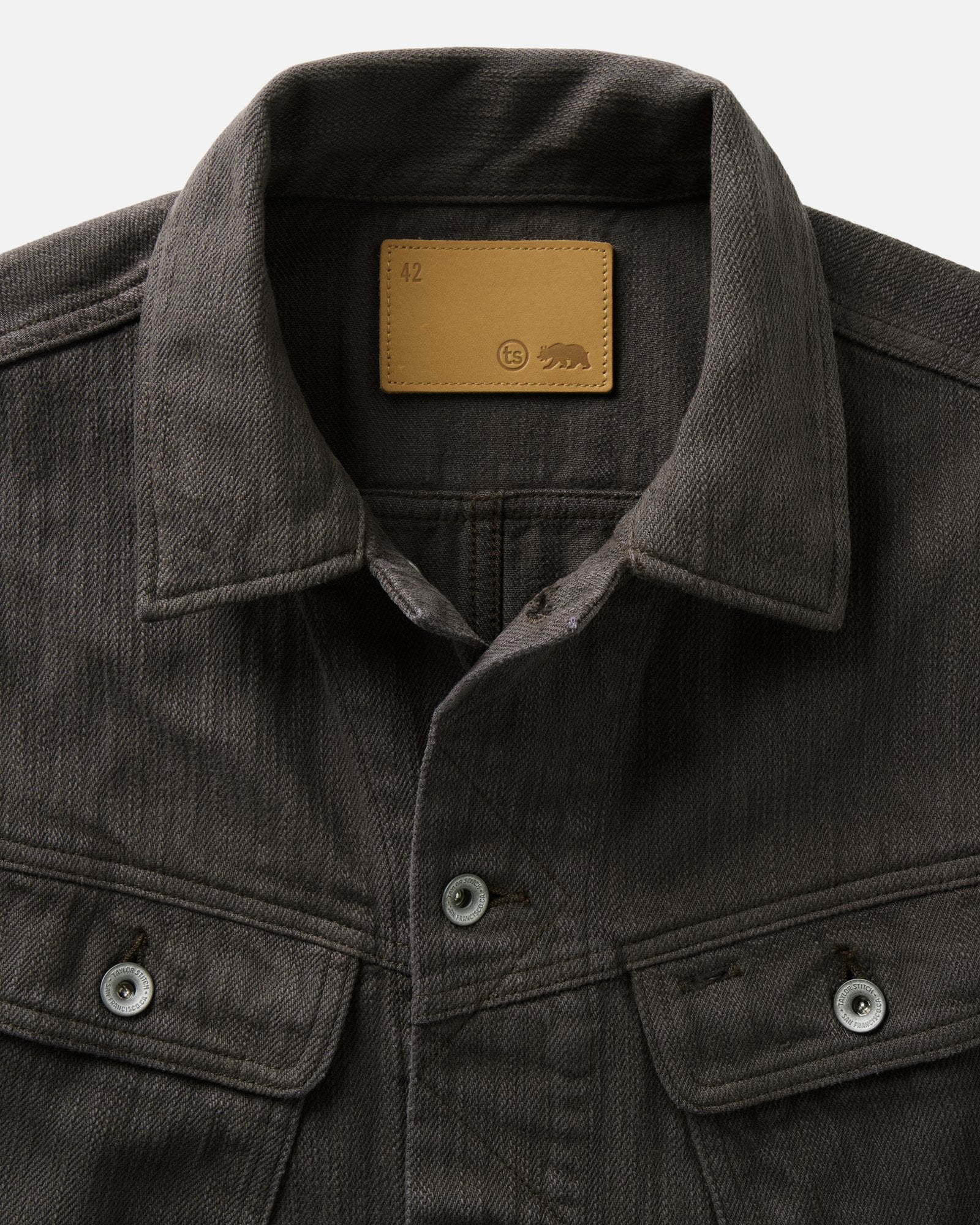 material shot of the collar on The Long Haul Jacket in Soil Slub Denim, Outerwear by Taylor Stitch