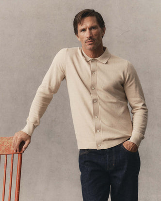 fit model posing in The Nichols Polo in Sable Cotton Cashmere